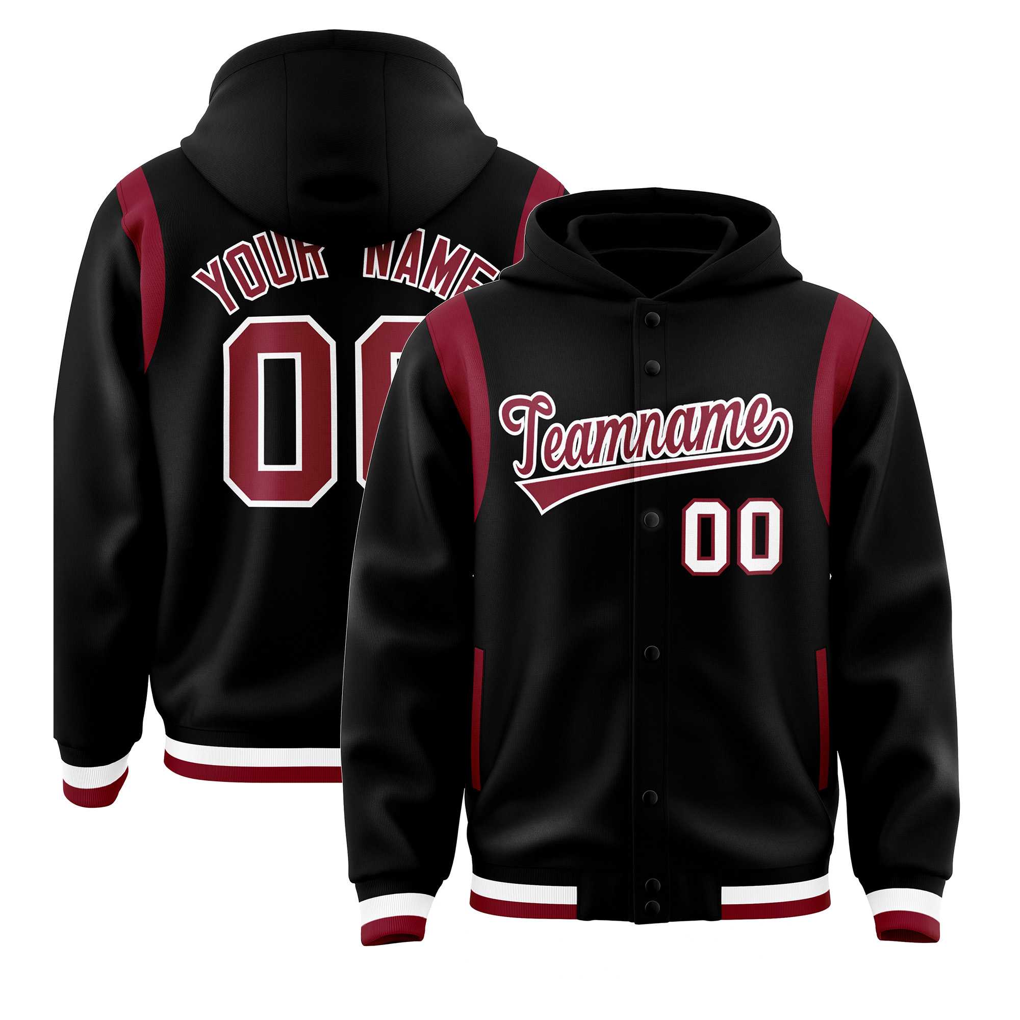 Custom Black Crimson Varsity Full-Snap Letterman Shoulder Color Block Jacket Hoodie| KXKSHOP