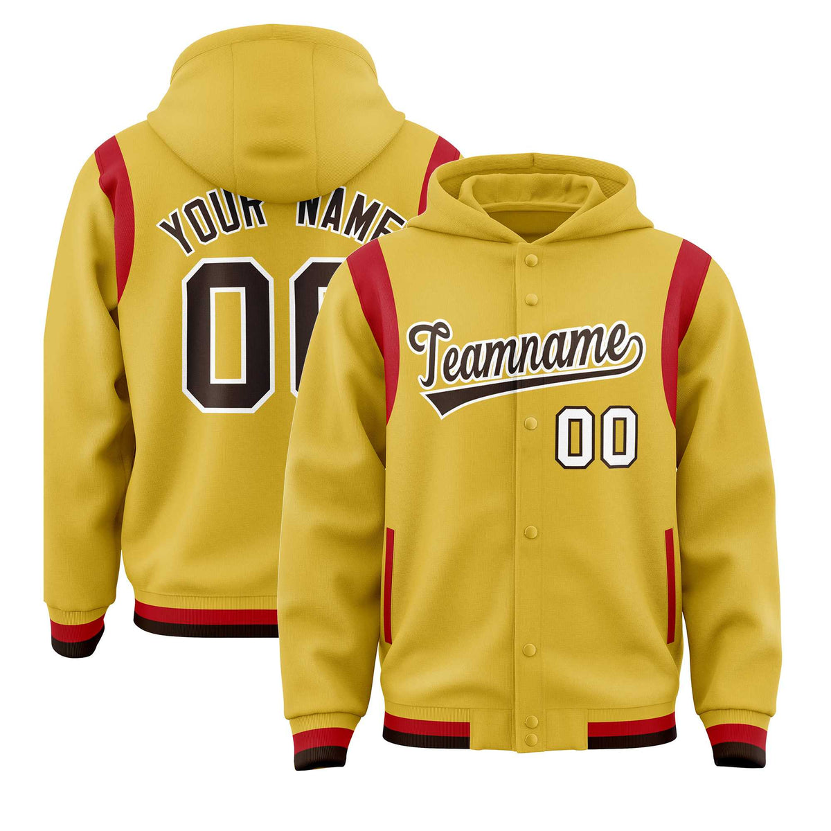 Custom Old Gold Brown Varsity Full-Snap Letterman Shoulder Color Block Jacket Hoodie| KXKSHOP