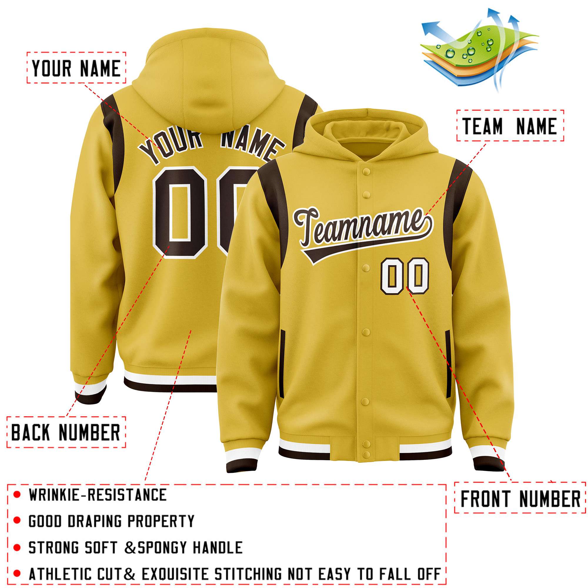 Custom Old Gold Brown Varsity Full-Snap Letterman Shoulder Color Block Jacket Hoodie| KXKSHOP