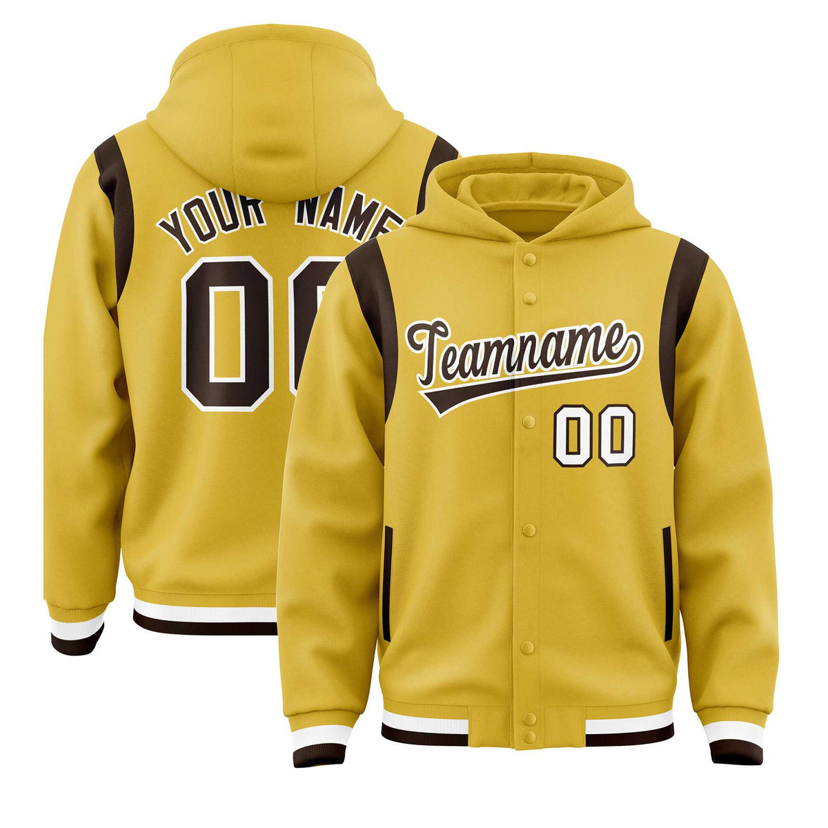Custom Old Gold Brown Varsity Full-Snap Letterman Shoulder Color Block Jacket Hoodie| KXKSHOP