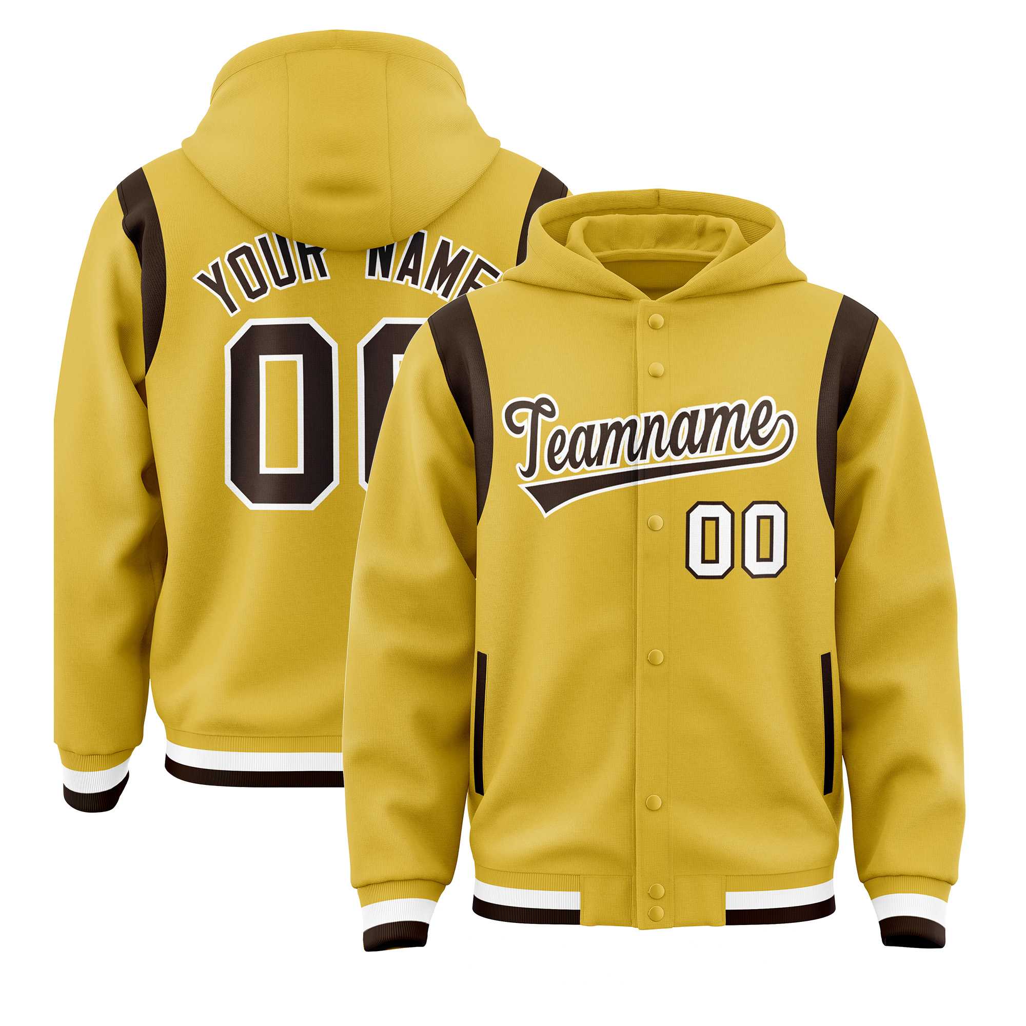 Custom Old Gold Brown Varsity Full-Snap Letterman Shoulder Color Block Jacket Hoodie| KXKSHOP