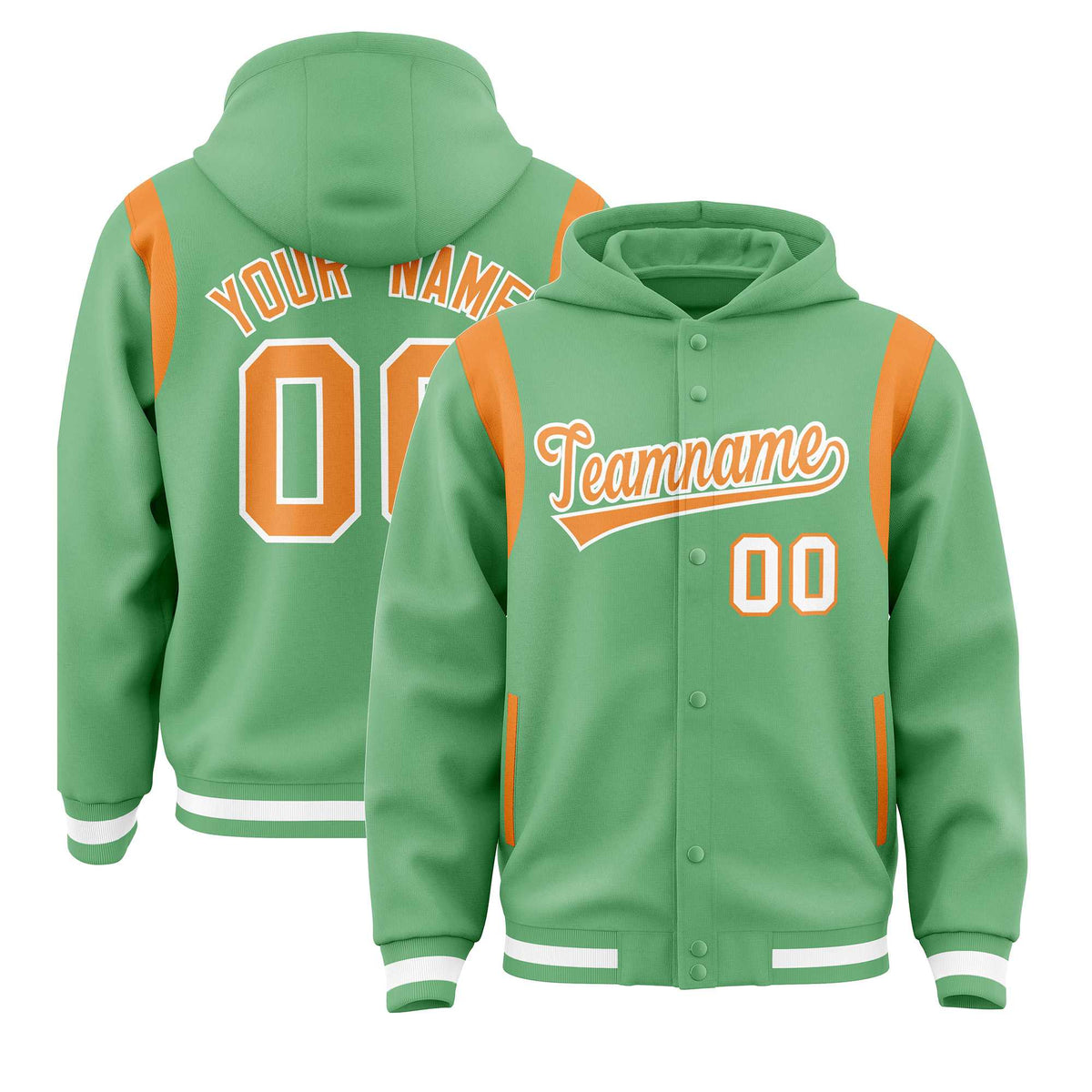 Custom Light Green Orange Varsity Full-Snap Letterman Shoulder Color Block Jacket Hoodie| KXKSHOP