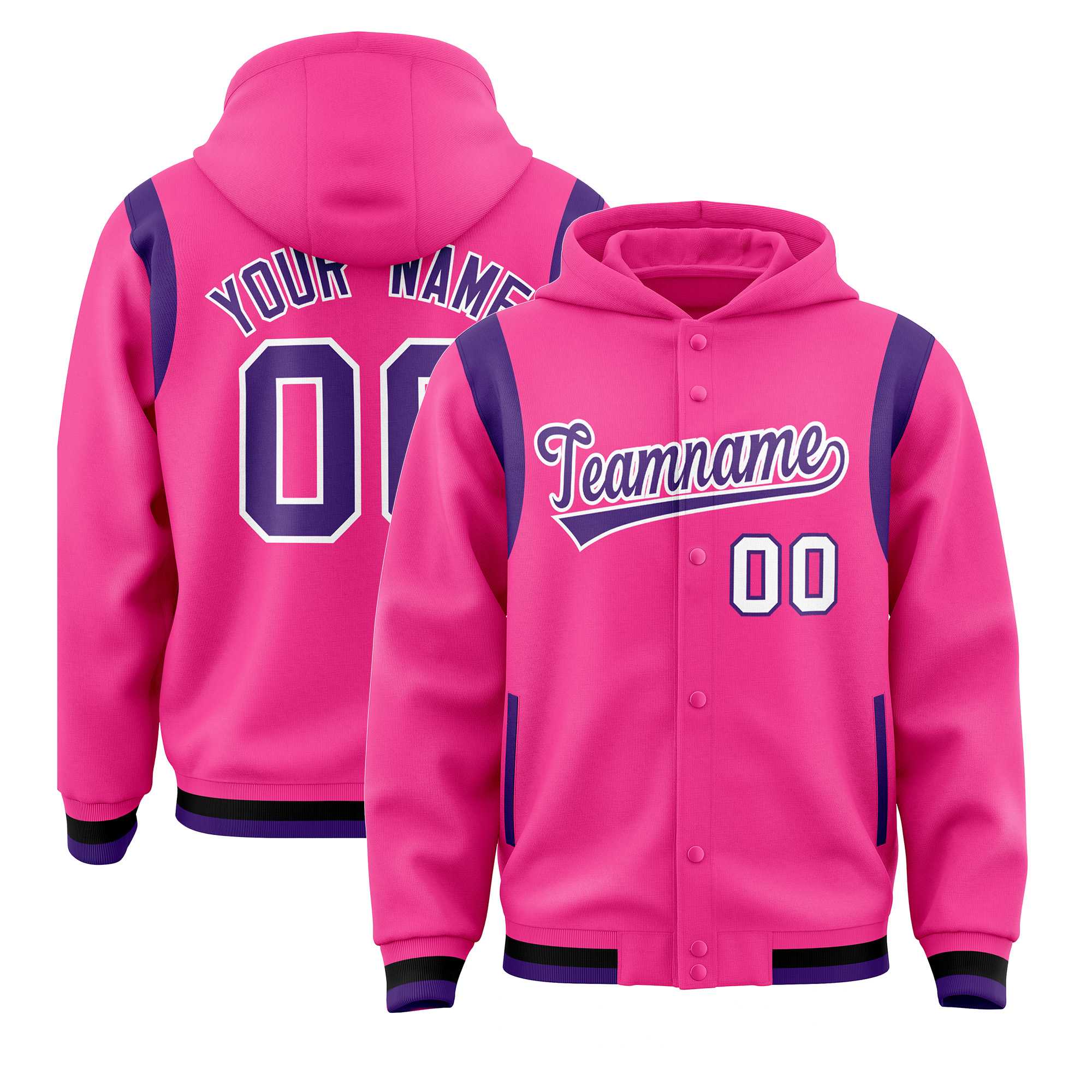 Custom Pink Purple Varsity Full-Snap Letterman Shoulder Color Block Jacket Hoodie| KXKSHOP