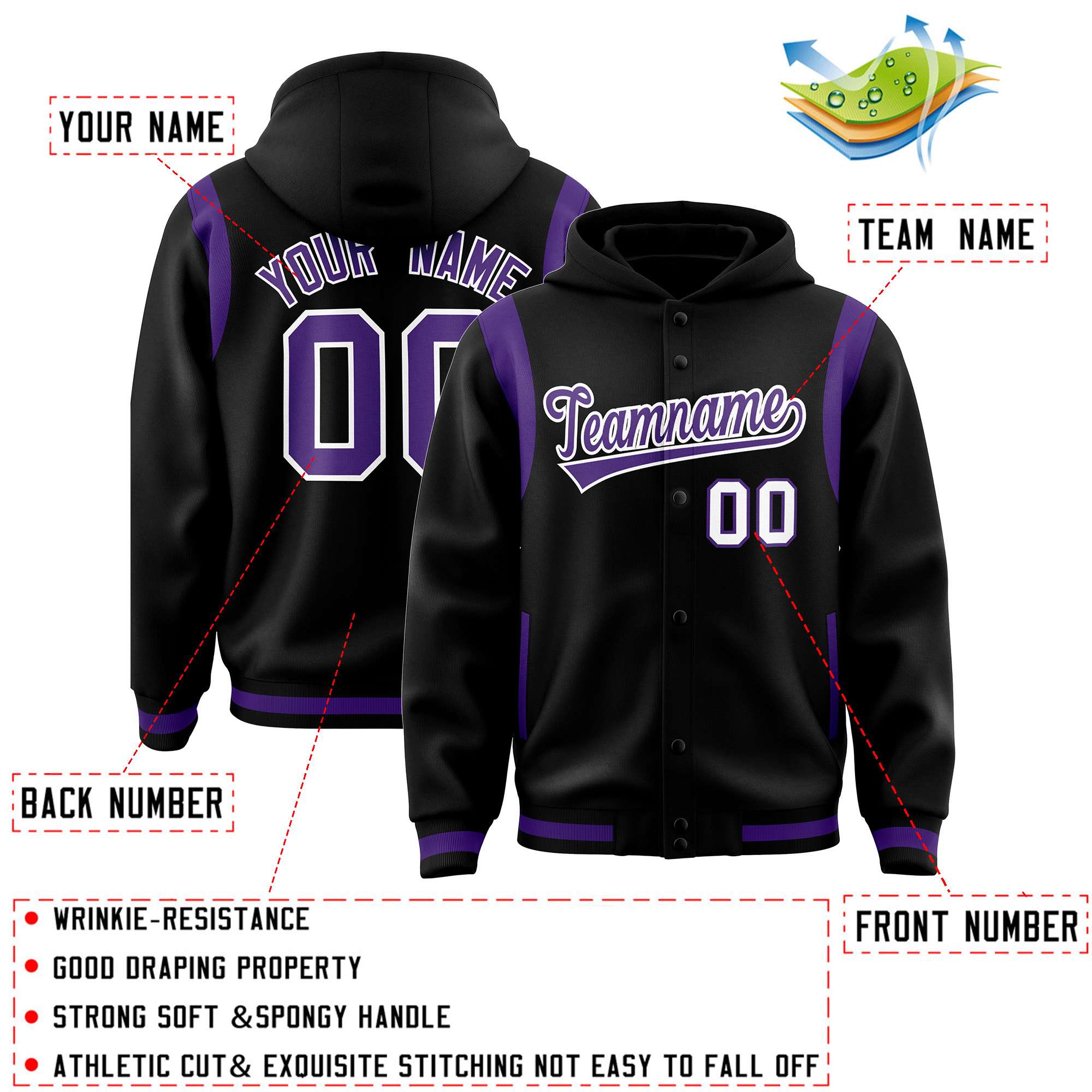 Custom Black Purple Varsity Full-Snap Letterman Shoulder Color Block Jacket Hoodie| KXKSHOP