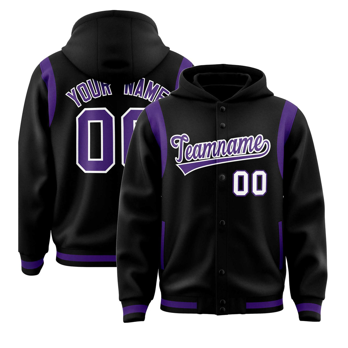 Custom Black Purple Varsity Full-Snap Letterman Shoulder Color Block Jacket Hoodie| KXKSHOP
