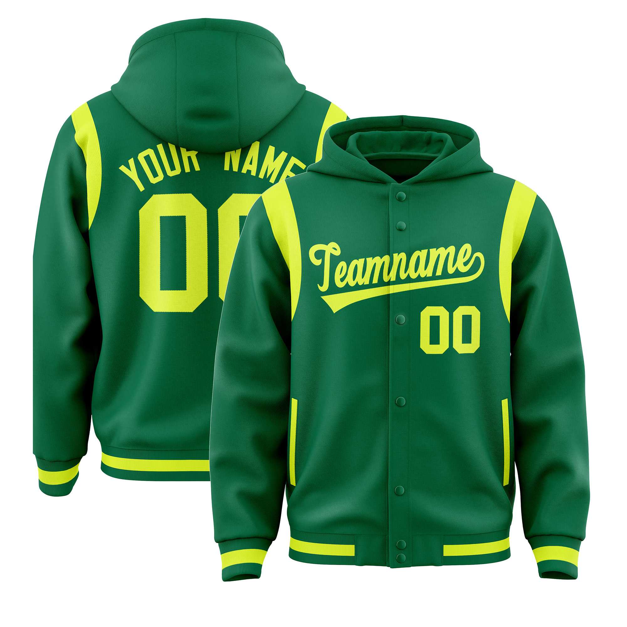 Custom Kelly Green Fluorescent Green Varsity Full-Snap Letterman Shoulder Color Block Jacket Hoodie| KXKSHOP