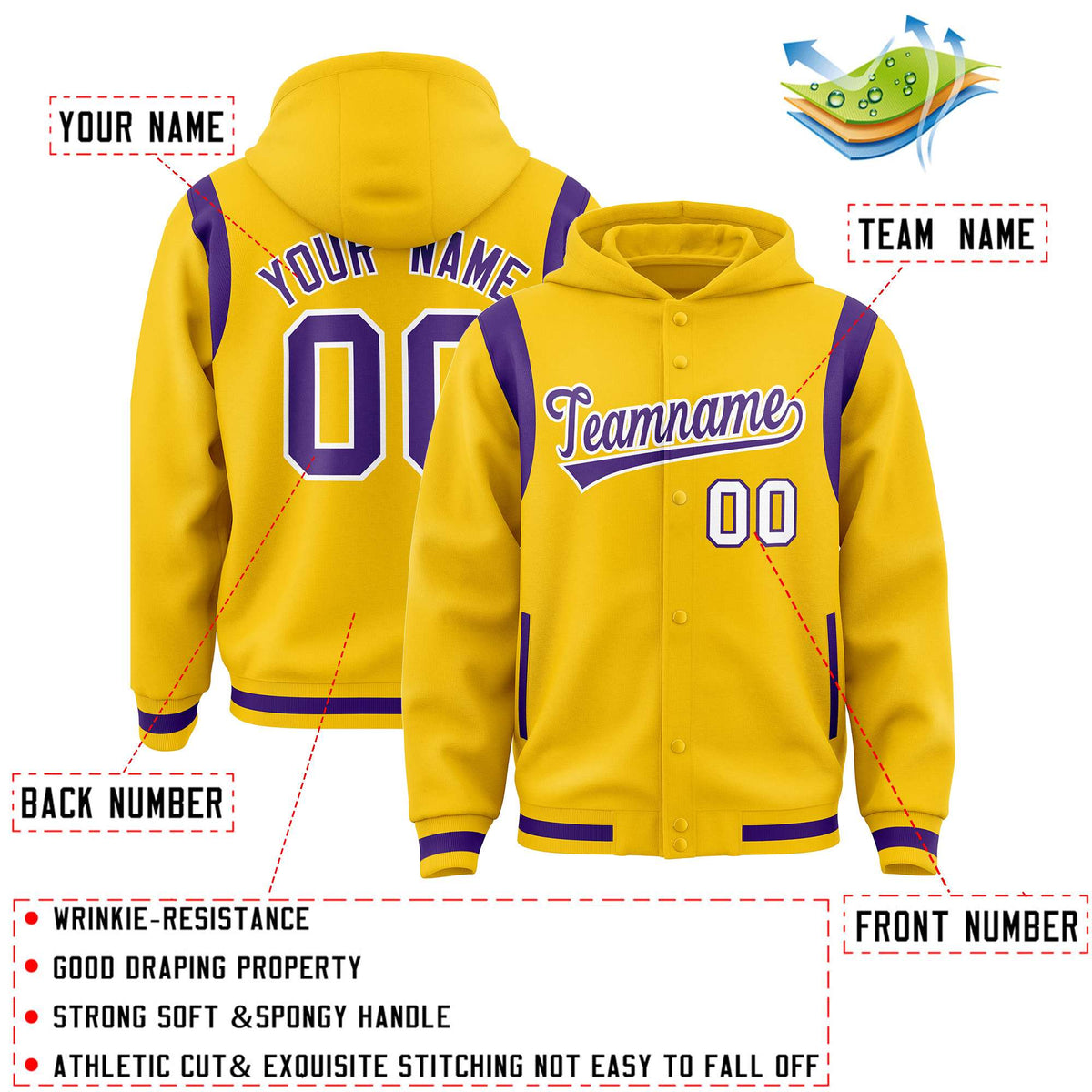 Custom Gold Purple Varsity Full-Snap Letterman Shoulder Color Block Jacket Hoodie| KXKSHOP