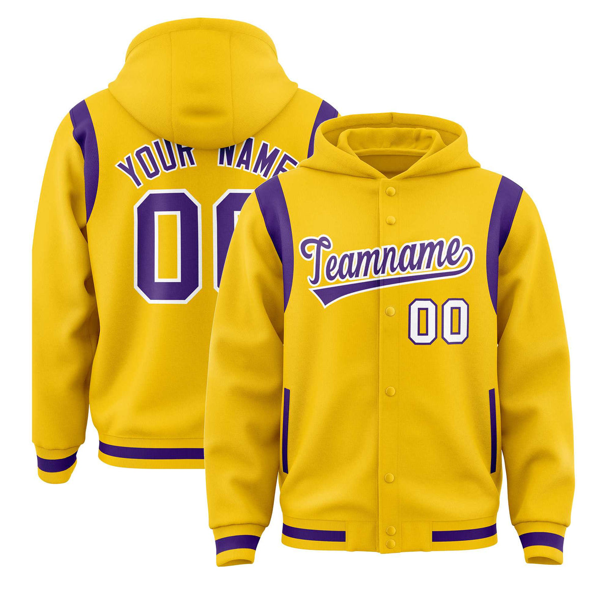 Custom Gold Purple Varsity Full-Snap Letterman Shoulder Color Block Jacket Hoodie| KXKSHOP