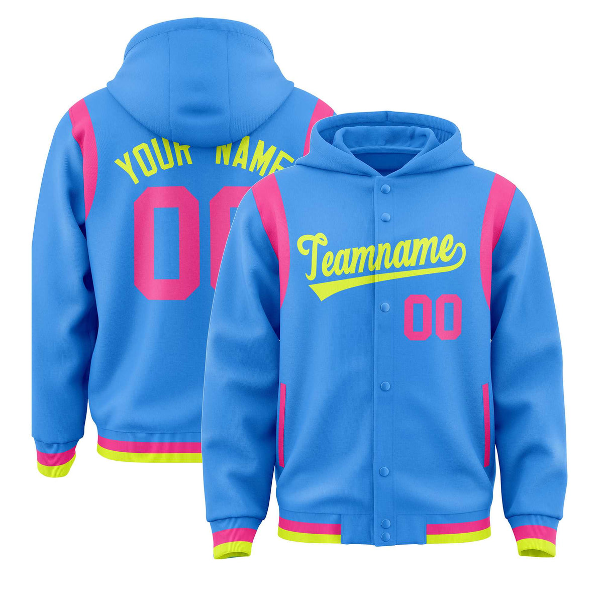 Custom Powder Blue Fluorescent Green Varsity Full-Snap Letterman Shoulder Color Block Jacket Hoodie| KXKSHOP
