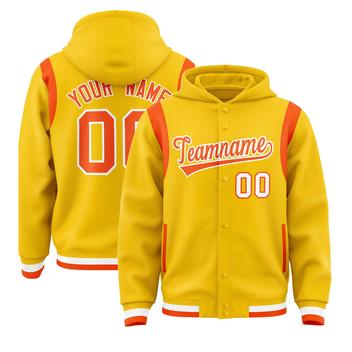 Custom Gold Orange Varsity Full-Snap Letterman Shoulder Color Block Jacket Hoodie| KXKSHOP