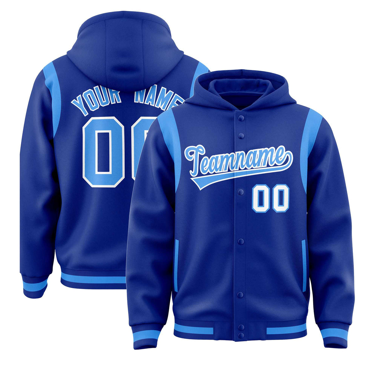 Custom Royal Powder Blue Varsity Full-Snap Letterman Shoulder Color Block Jacket Hoodie| KXKSHOP