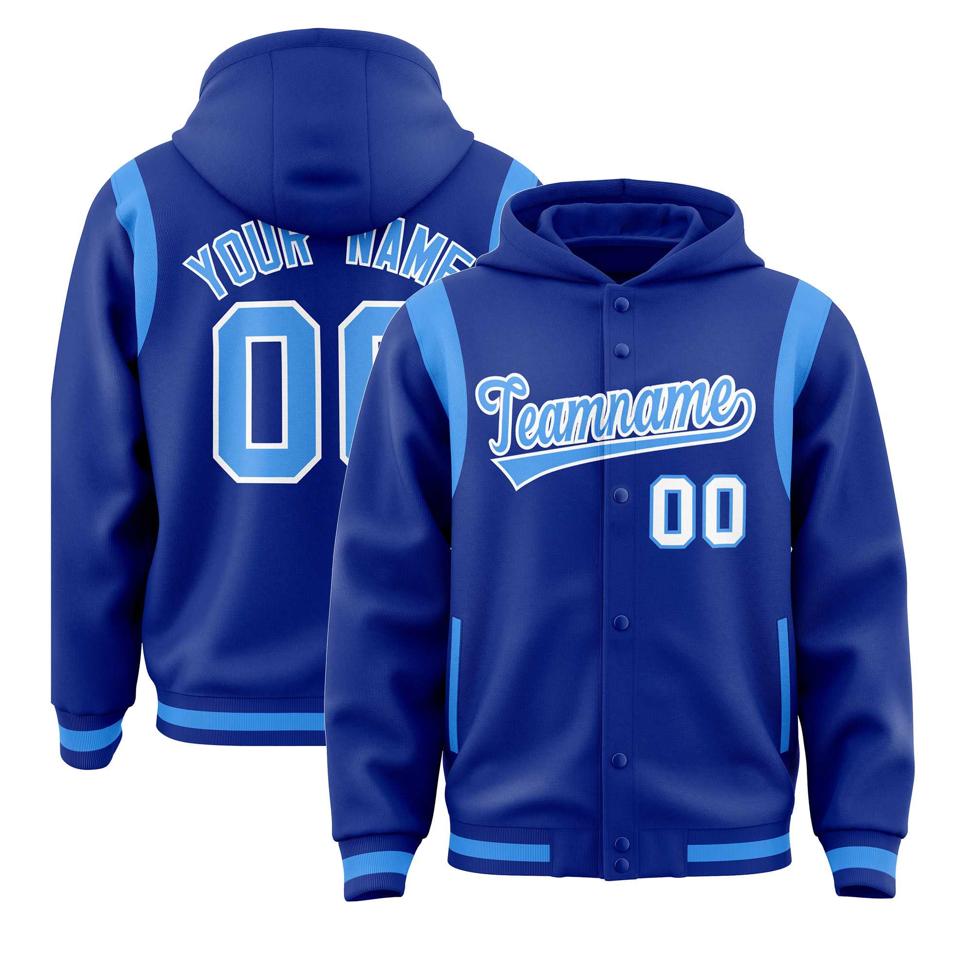 Custom Royal Powder Blue Varsity Full-Snap Letterman Shoulder Color Block Jacket Hoodie| KXKSHOP