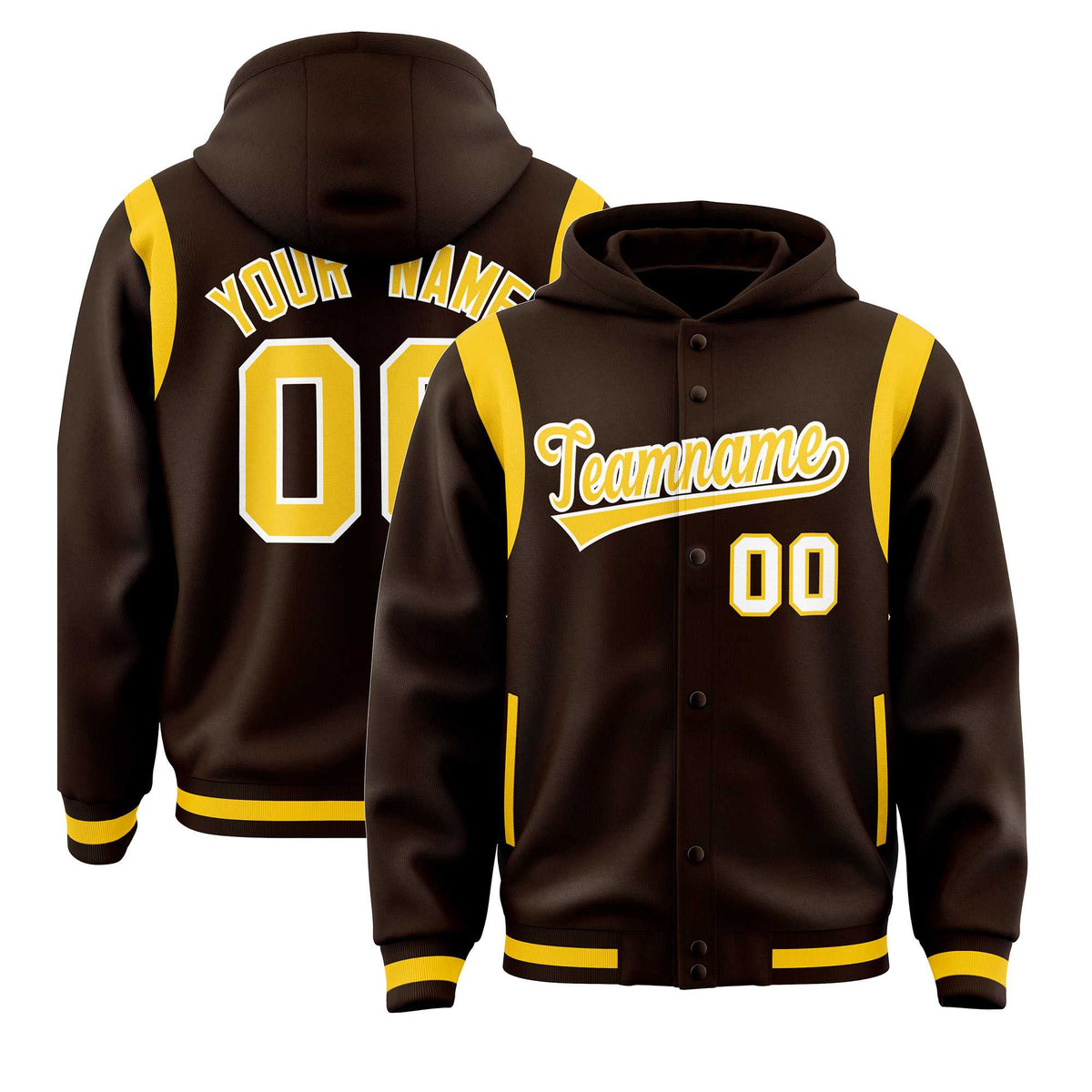 Custom Brown Gold Varsity Full-Snap Letterman Shoulder Color Block Jacket Hoodie| KXKSHOP