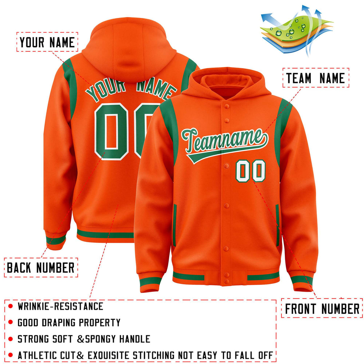 Custom Orange Kelly Green Varsity Full-Snap Letterman Shoulder Color Block Jacket Hoodie| KXKSHOP