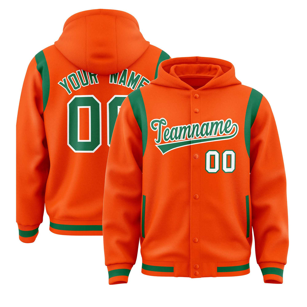 Custom Orange Kelly Green Varsity Full-Snap Letterman Shoulder Color Block Jacket Hoodie| KXKSHOP