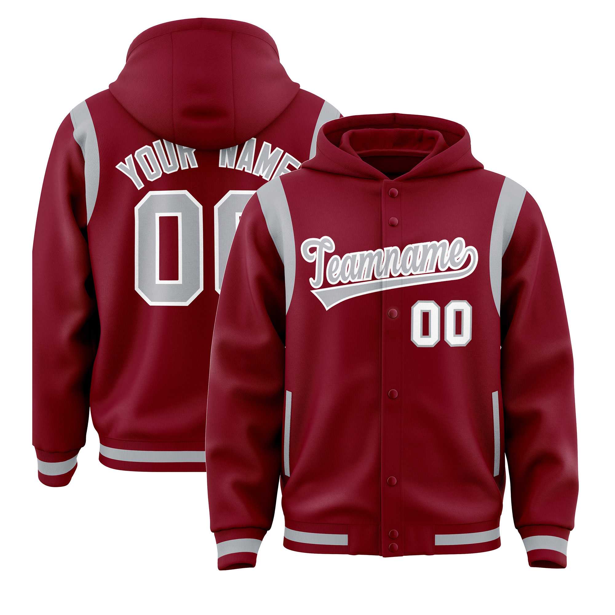 Custom Crimson Silver Varsity Full-Snap Letterman Shoulder Color Block Jacket Hoodie| KXKSHOP
