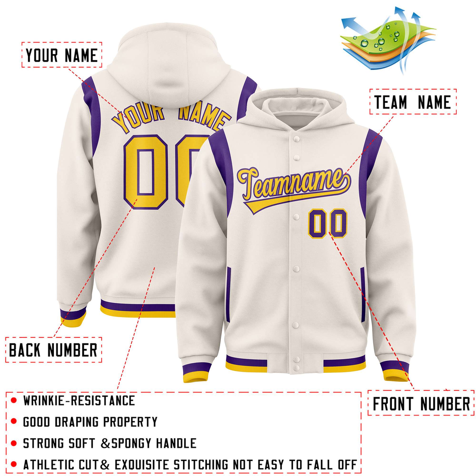 Custom Cream Gold Varsity Full-Snap Letterman Shoulder Color Block Jacket Hoodie| KXKSHOP