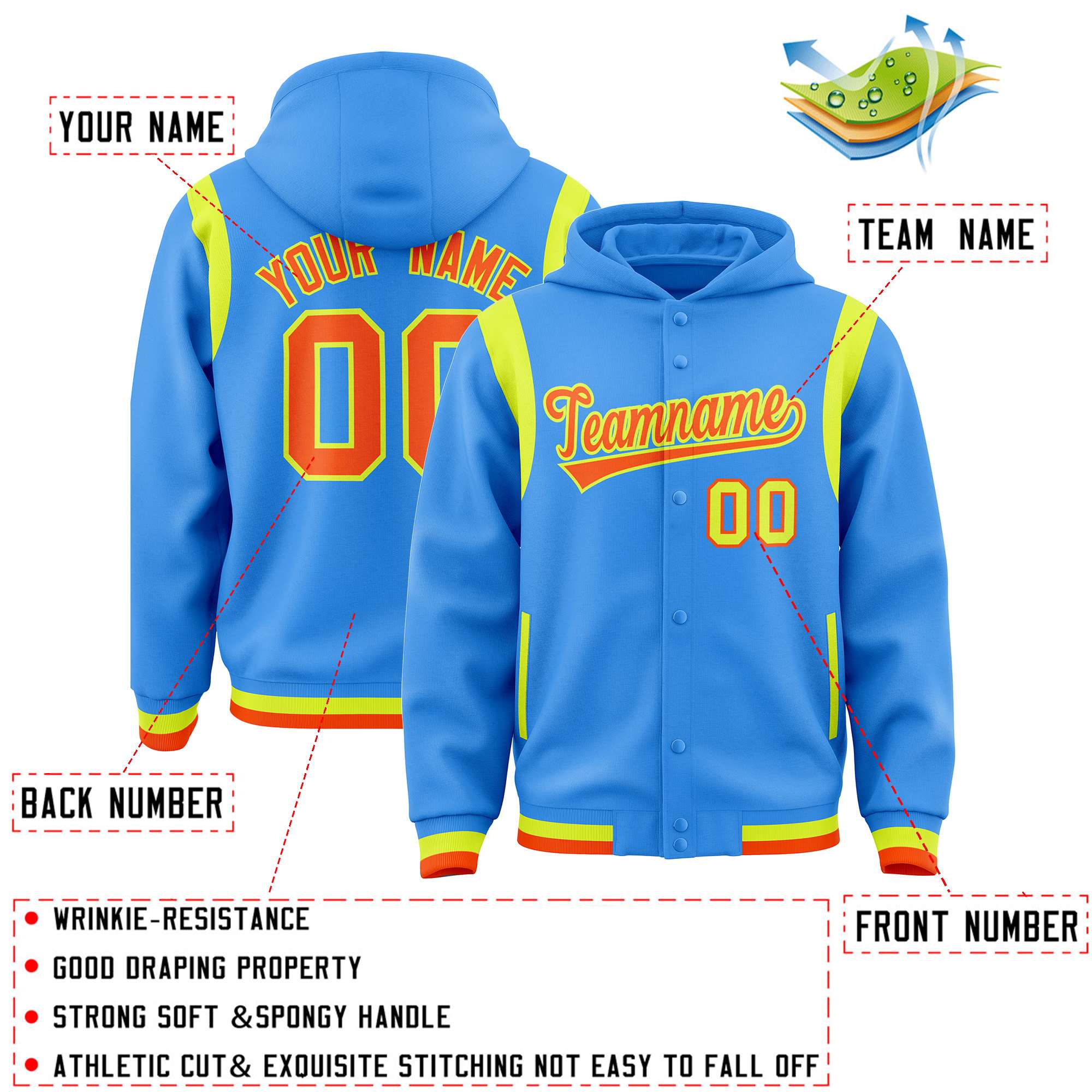 Custom Powder Blue Orange Varsity Full-Snap Letterman Shoulder Color Block Jacket Hoodie| KXKSHOP