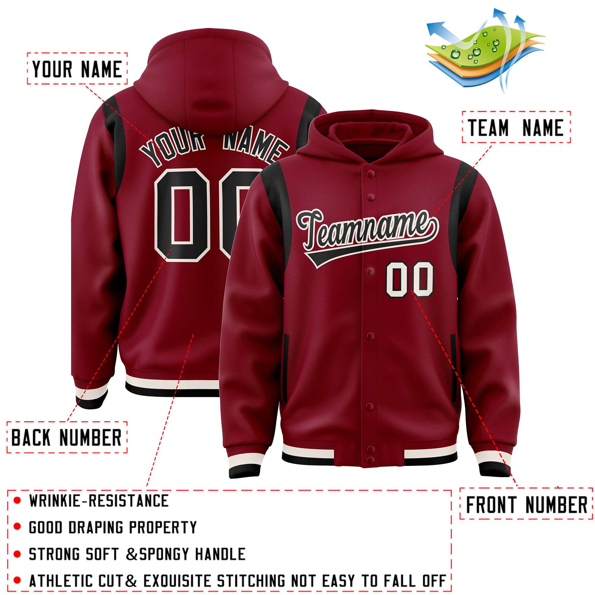 Custom Crimson Black Varsity Full-Snap Letterman Shoulder Color Block Jacket Hoodie| KXKSHOP