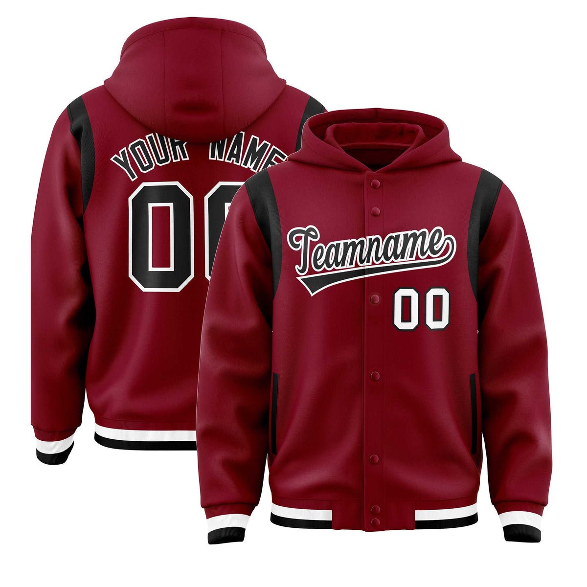 Custom Crimson Black Varsity Full-Snap Letterman Shoulder Color Block Jacket Hoodie| KXKSHOP