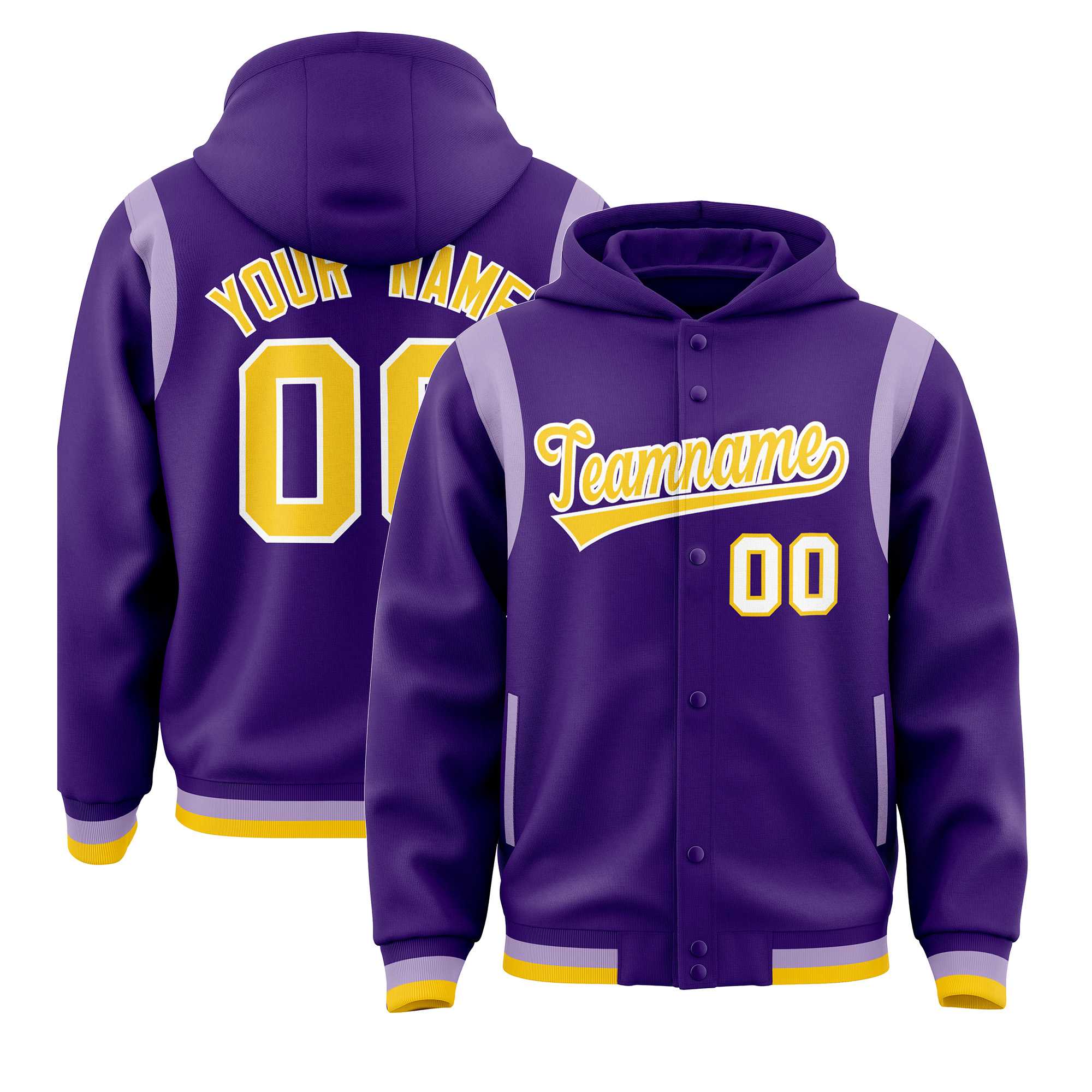 Custom Purple Gold Varsity Full-Snap Letterman Shoulder Color Block Jacket Hoodie| KXKSHOP