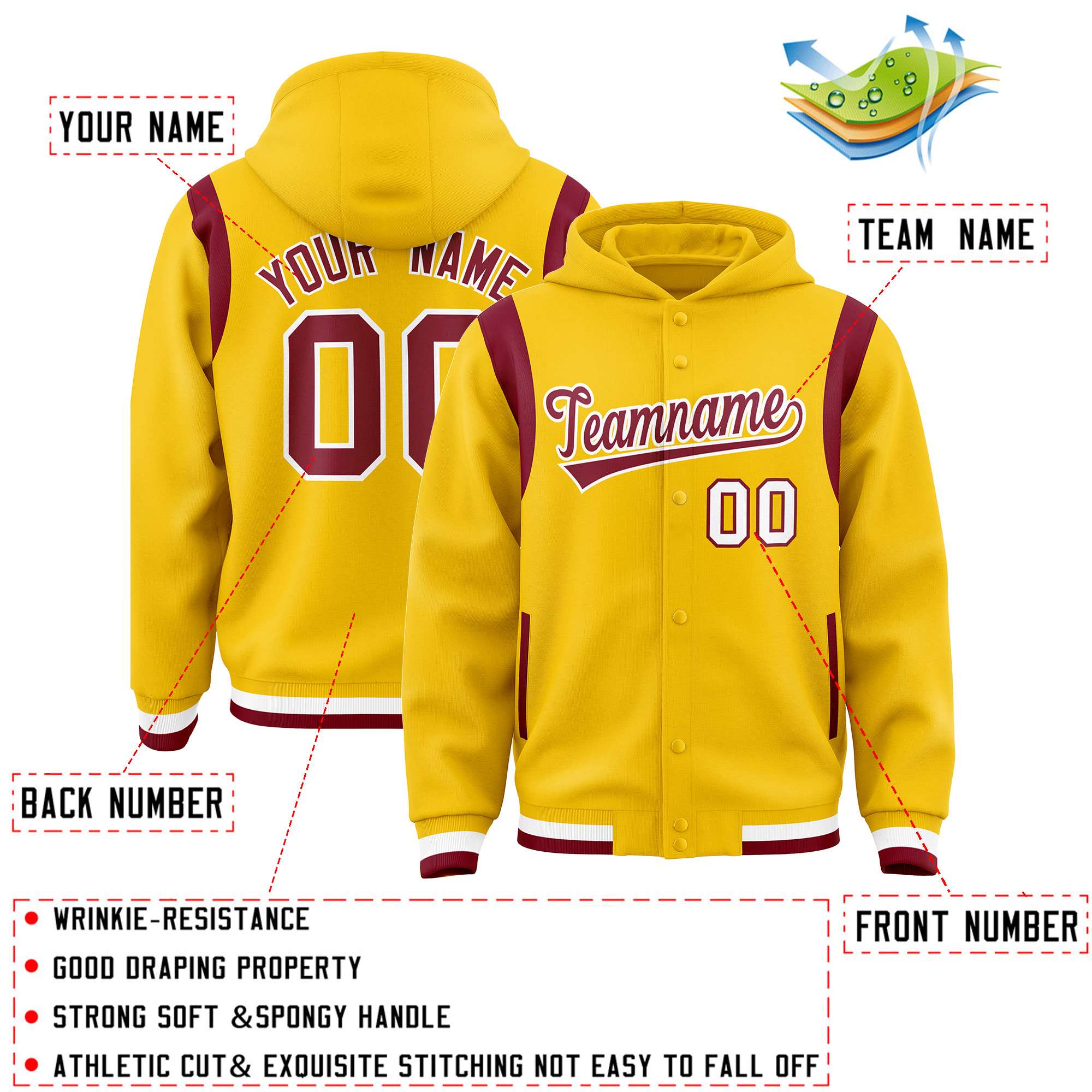 Custom Gold Crimson Varsity Full-Snap Letterman Shoulder Color Block Jacket Hoodie| KXKSHOP