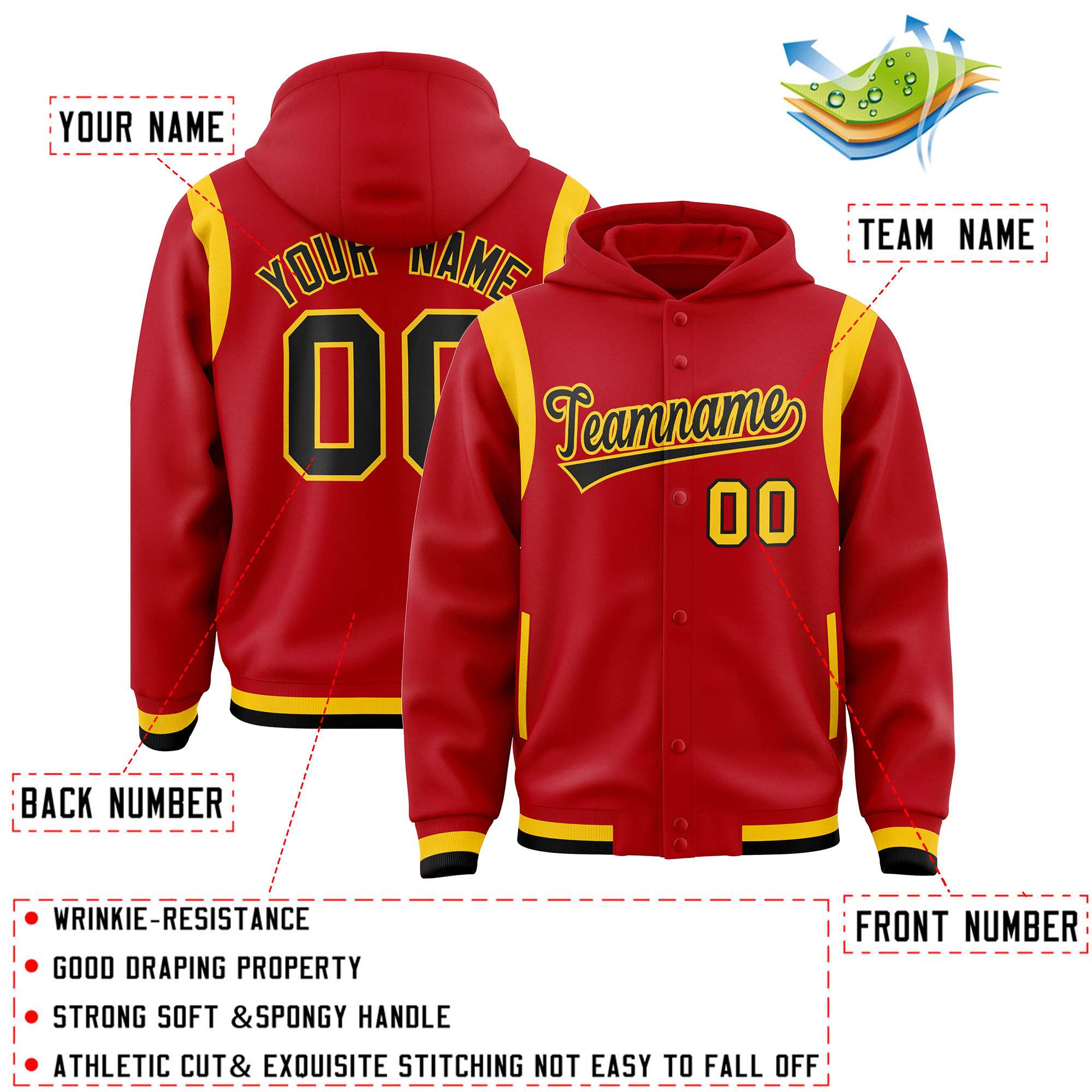 Custom Red Black Varsity Full-Snap Letterman Shoulder Color Block Jacket Hoodie| KXKSHOP