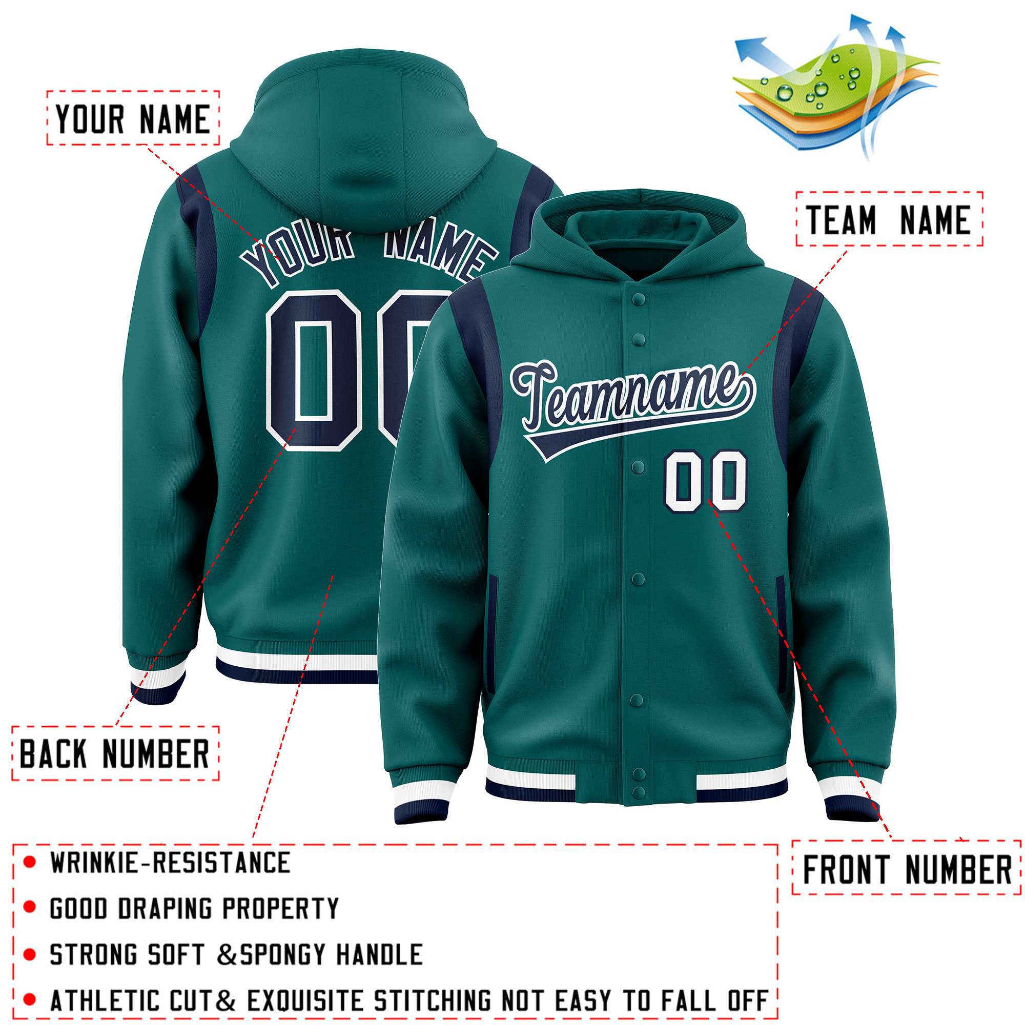 Custom Aqua Navy Varsity Full-Snap Letterman Shoulder Color Block Jacket Hoodie| KXKSHOP