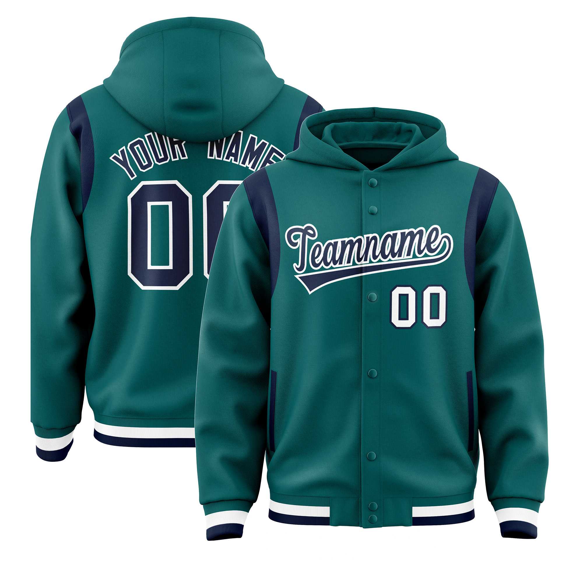 Custom Aqua Navy Varsity Full-Snap Letterman Shoulder Color Block Jacket Hoodie| KXKSHOP