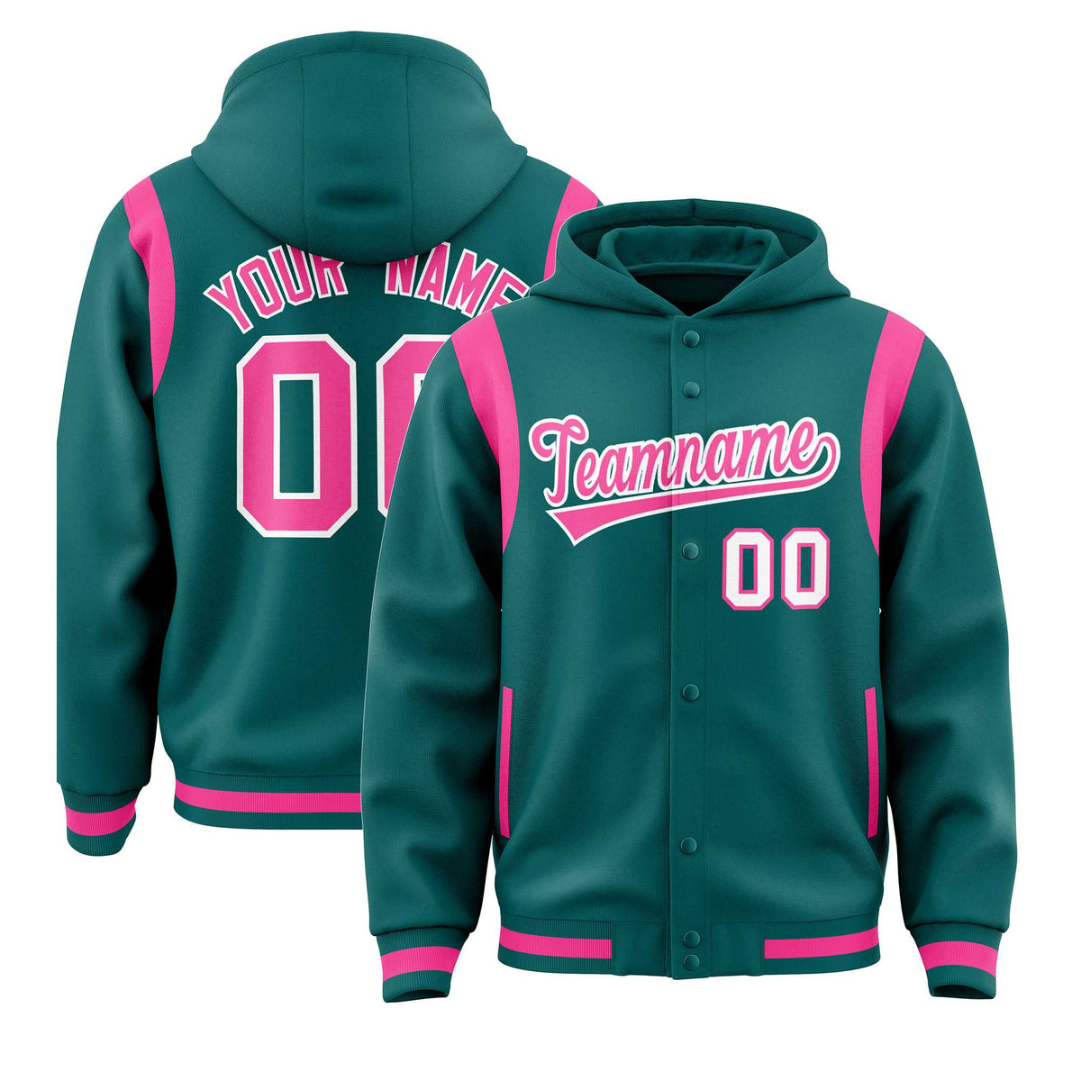 Custom Aqua Pink Varsity Full-Snap Letterman Shoulder Color Block Jacket Hoodie| KXKSHOP