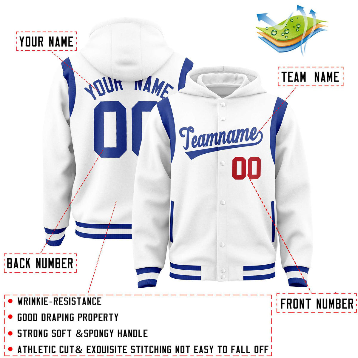 Custom White Royal Varsity Full-Snap Letterman Shoulder Color Block Jacket Hoodie| KXKSHOP