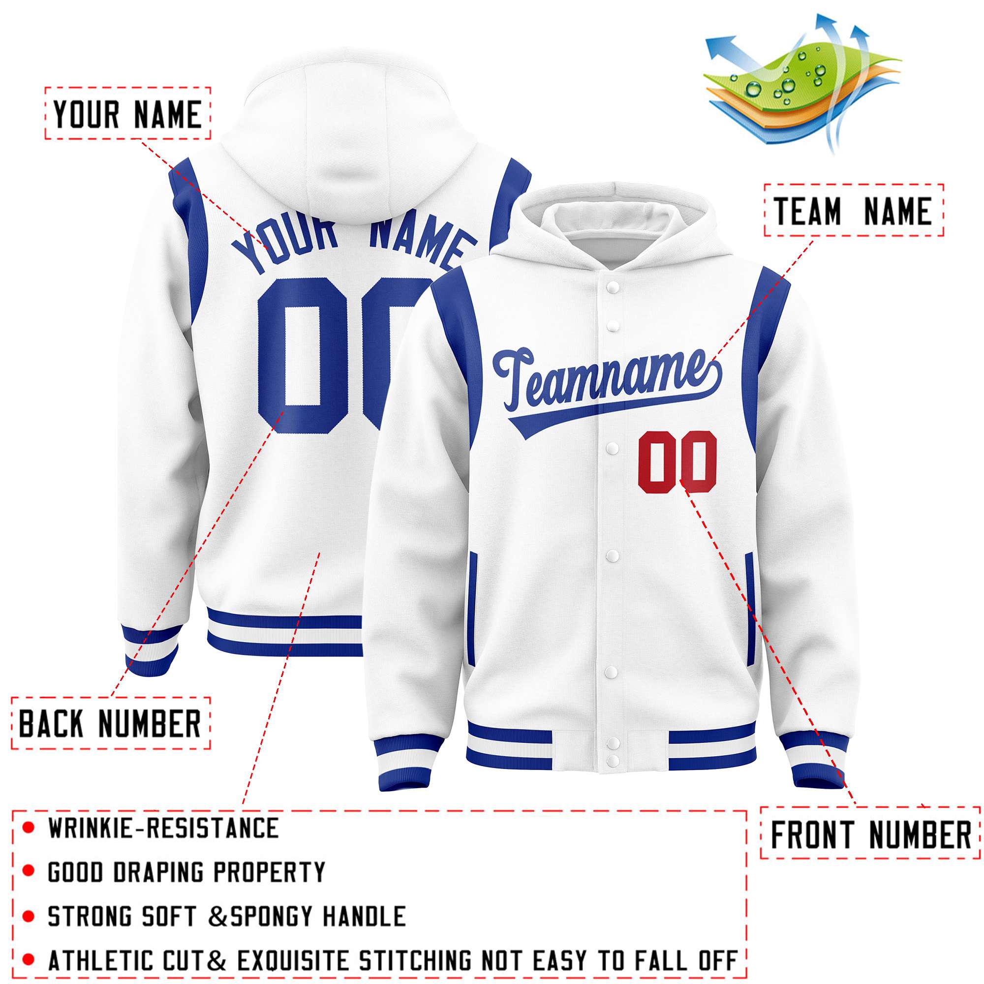 Custom White Royal Varsity Full-Snap Letterman Shoulder Color Block Jacket Hoodie| KXKSHOP