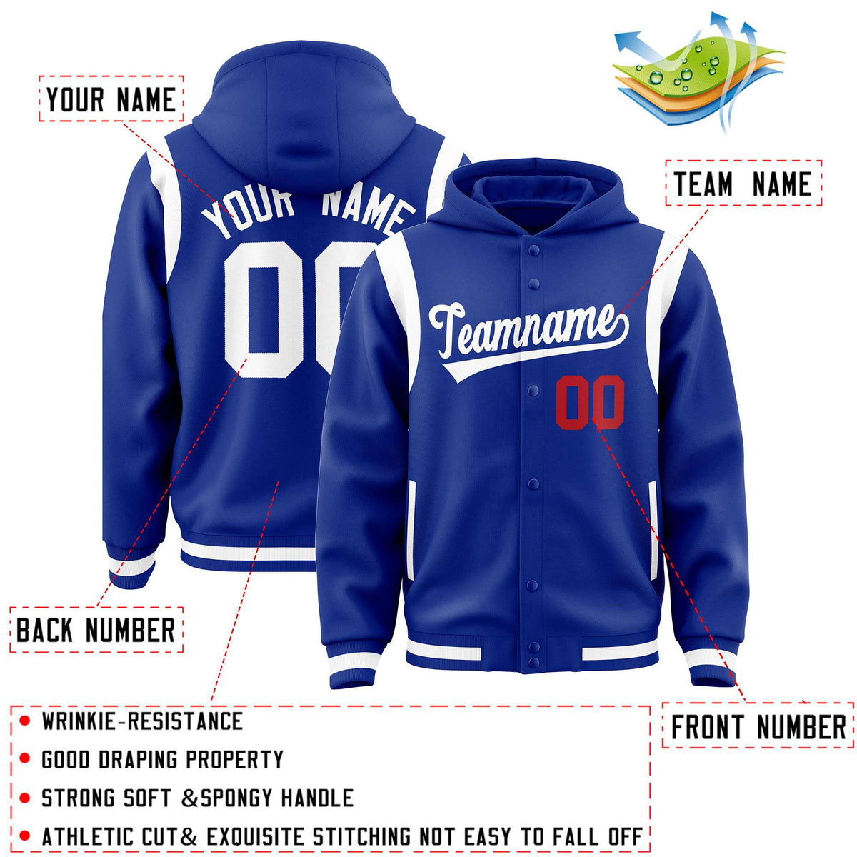 Custom Royal White Varsity Full-Snap Letterman Shoulder Color Block Jacket Hoodie| KXKSHOP