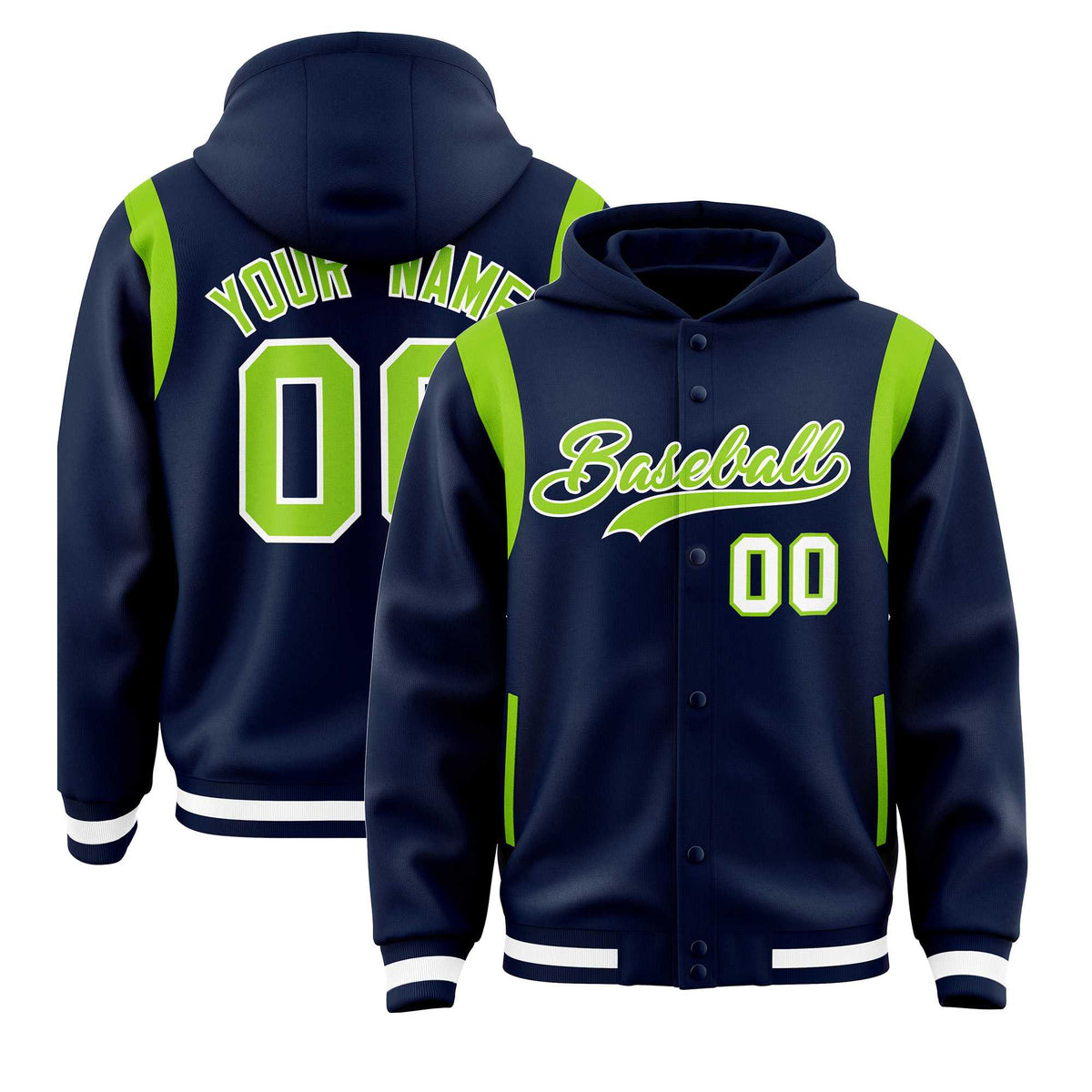 Custom Navy Neon Green Varsity Full-Snap Letterman Shoulder Color Block Jacket Hoodie| KXKSHOP