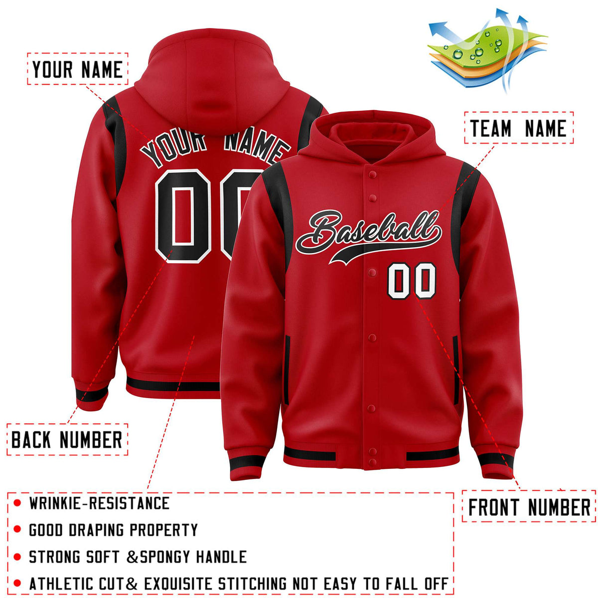 Custom Red Black Varsity Full-Snap Letterman Shoulder Color Block Jacket Hoodie| KXKSHOP