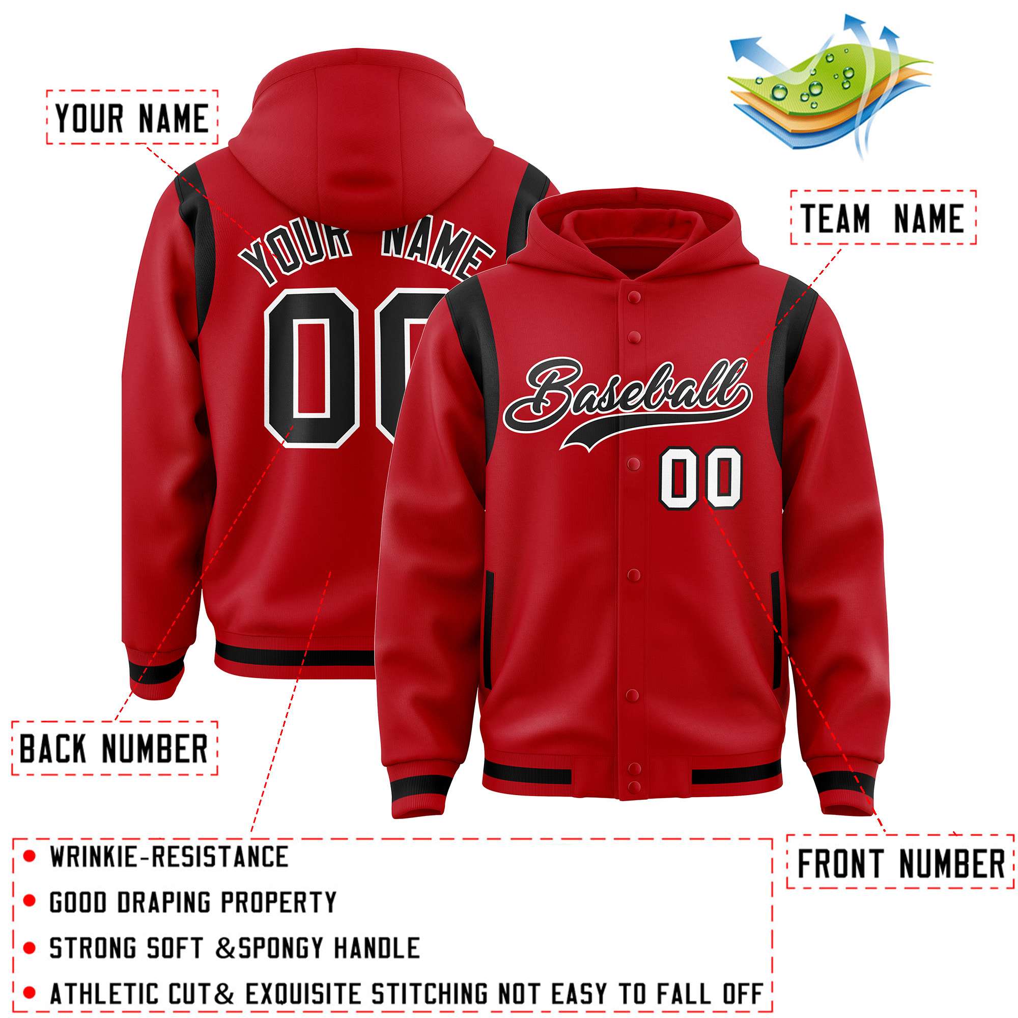 Custom Red Black Varsity Full-Snap Letterman Shoulder Color Block Jacket Hoodie| KXKSHOP