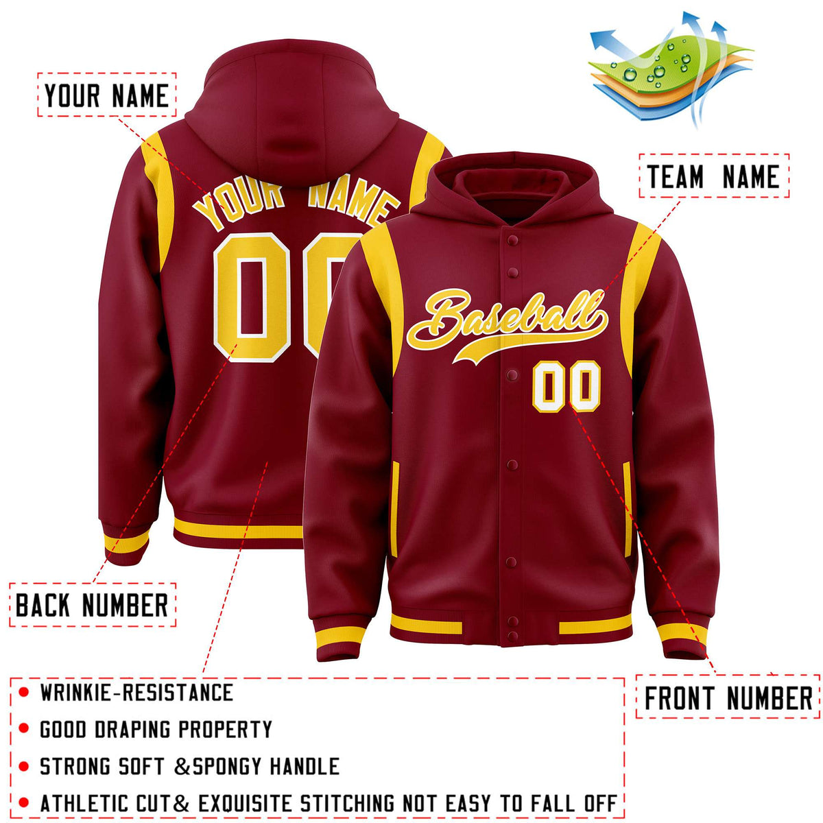 Custom Crimson Gold Varsity Full-Snap Letterman Shoulder Color Block Jacket Hoodie| KXKSHOP