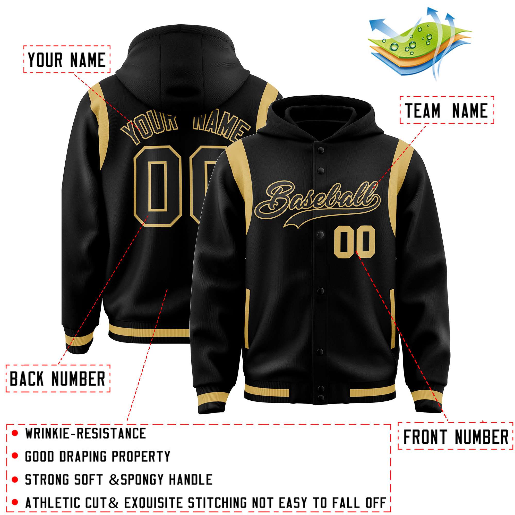 Custom Black Black Varsity Full-Snap Letterman Shoulder Color Block Jacket Hoodie| KXKSHOP