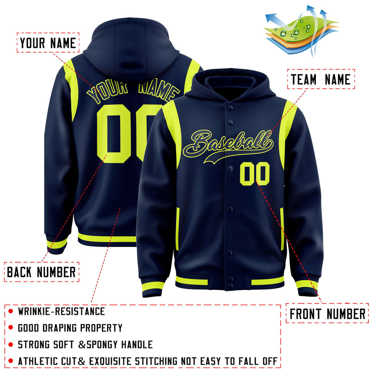 Custom Navy Navy Varsity Full-Snap Letterman Shoulder Color Block Jacket Hoodie| KXKSHOP