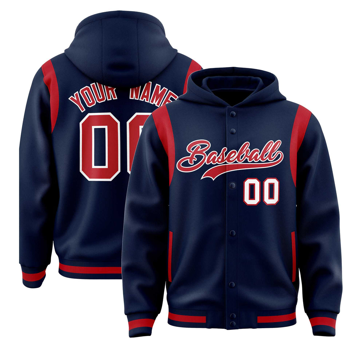 Custom Navy Red Varsity Full-Snap Letterman Shoulder Color Block Jacket Hoodie| KXKSHOP