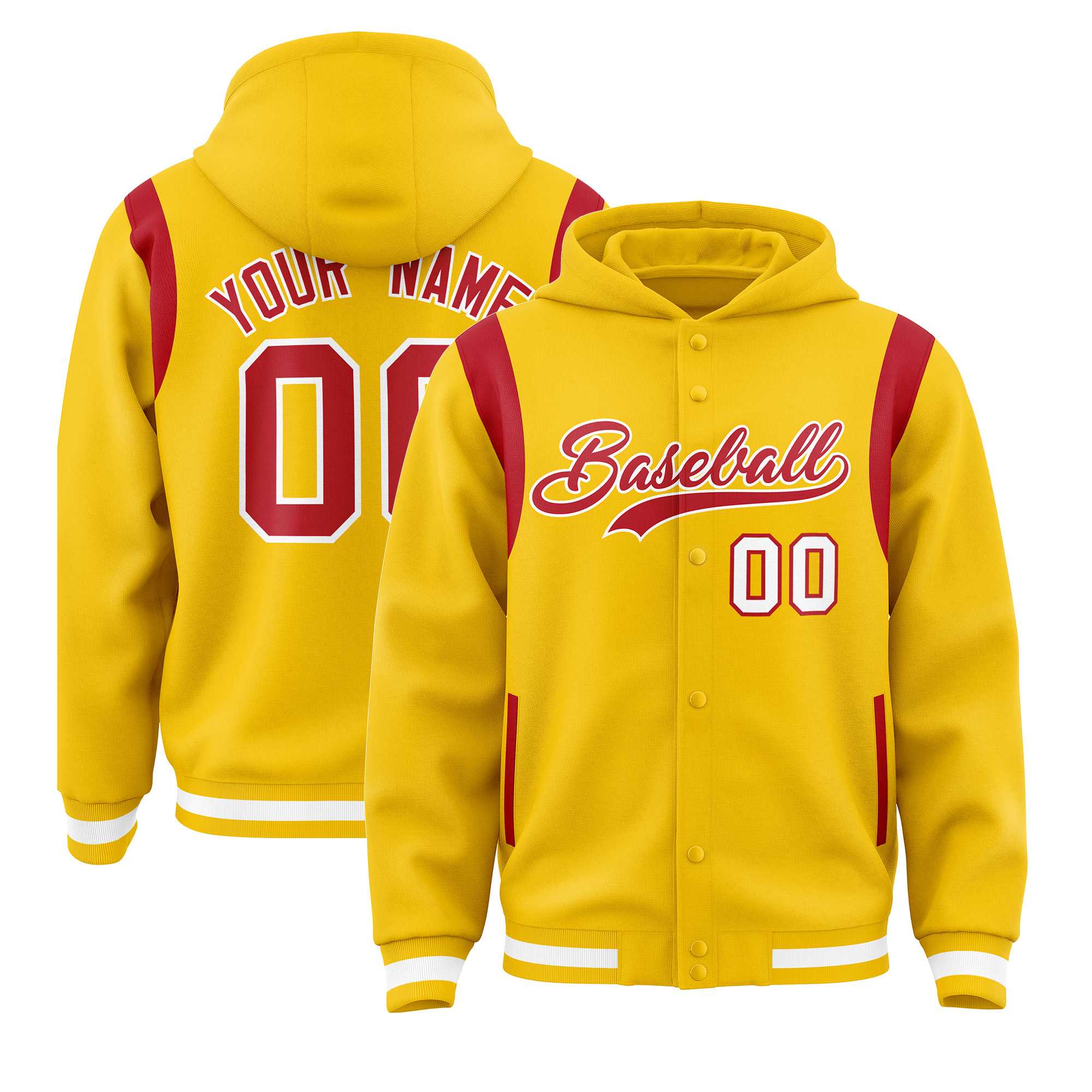 Custom Gold Red Varsity Full-Snap Letterman Shoulder Color Block Jacket Hoodie| KXKSHOP