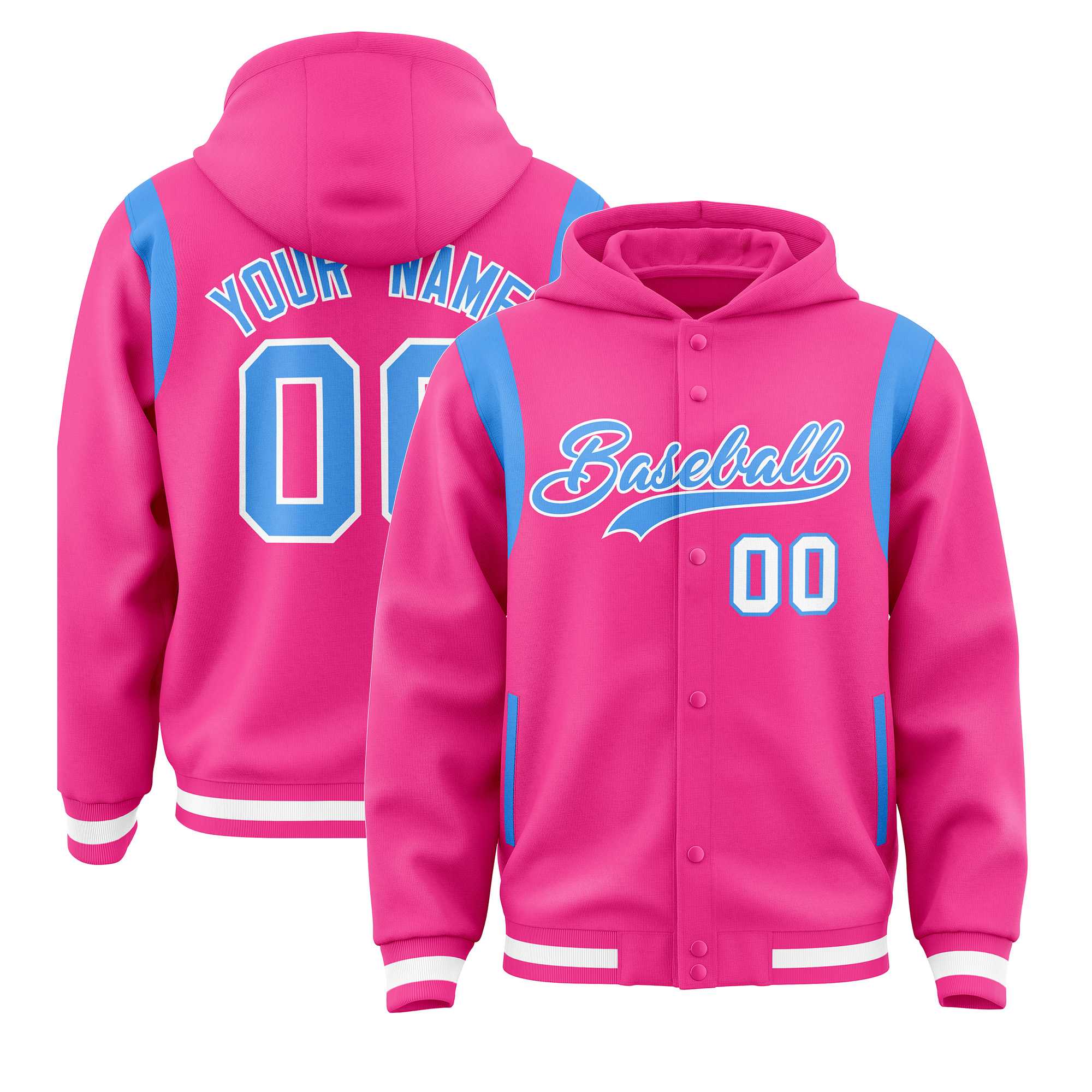 Custom Pink Powder Blue Varsity Full-Snap Letterman Shoulder Color Block Jacket Hoodie| KXKSHOP