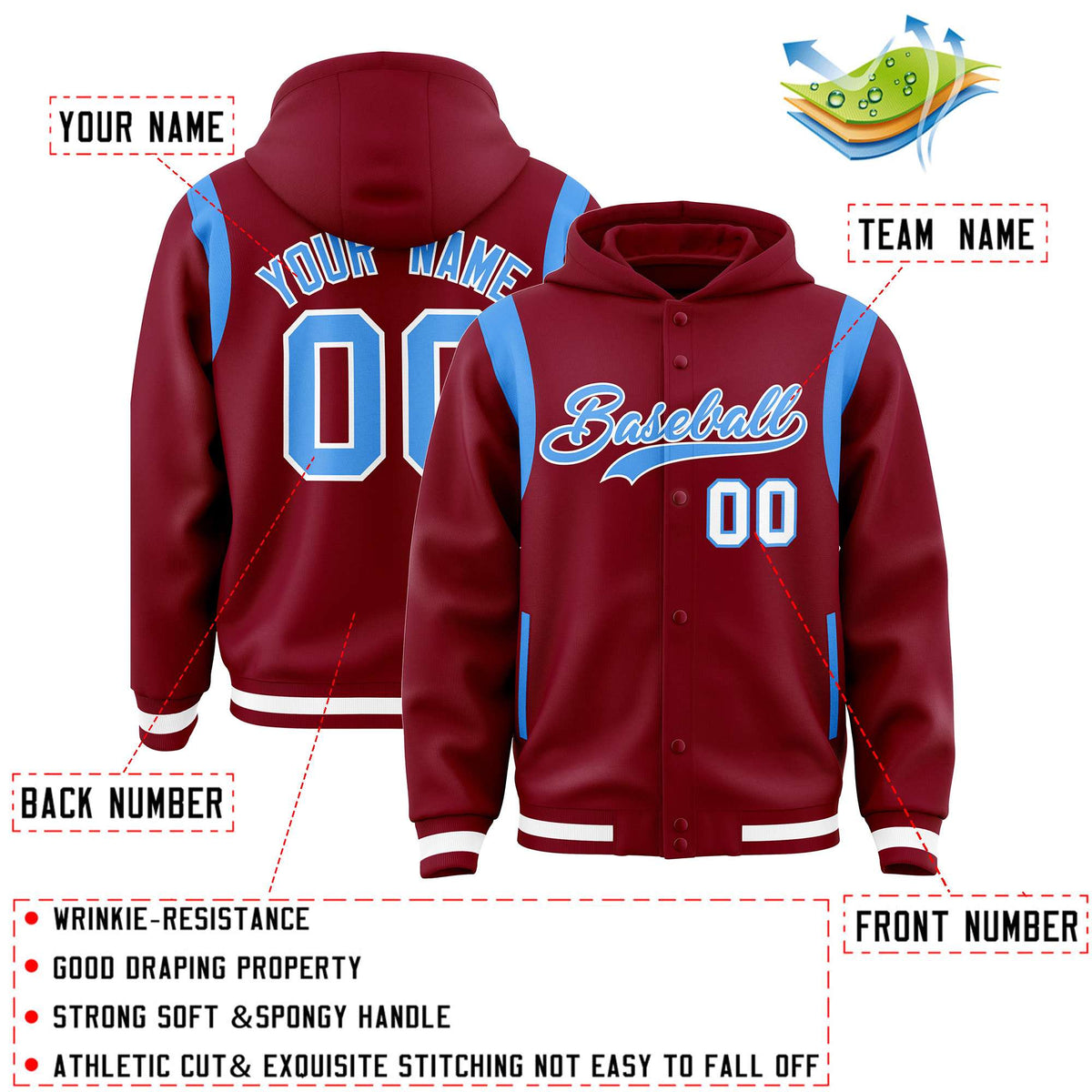 Custom Crimson Powder Blue Varsity Full-Snap Letterman Shoulder Color Block Jacket Hoodie| KXKSHOP