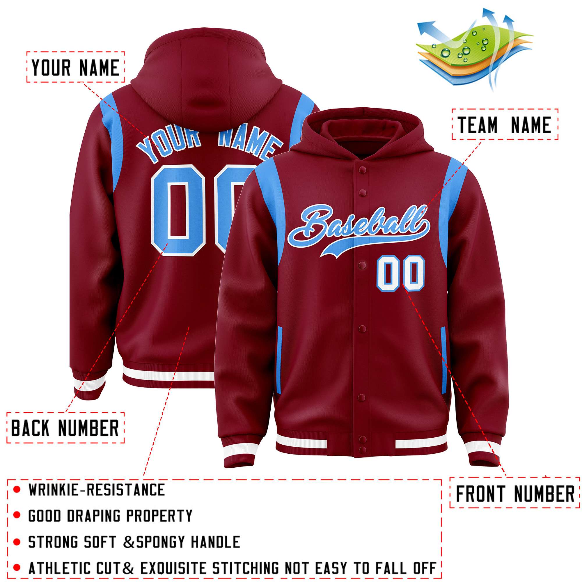 Custom Crimson Powder Blue Varsity Full-Snap Letterman Shoulder Color Block Jacket Hoodie| KXKSHOP