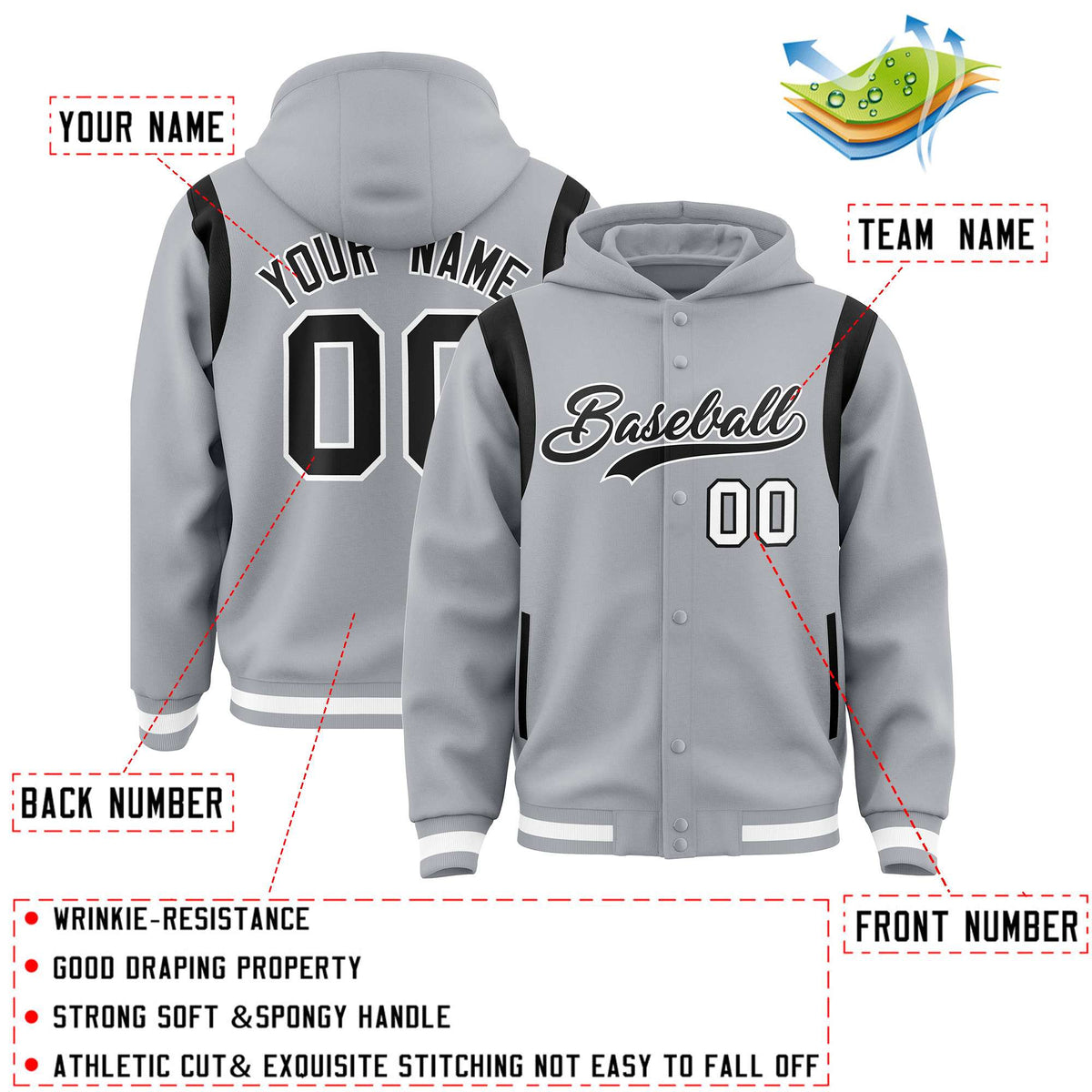 Custom Silver Black Varsity Full-Snap Letterman Shoulder Color Block Jacket Hoodie| KXKSHOP