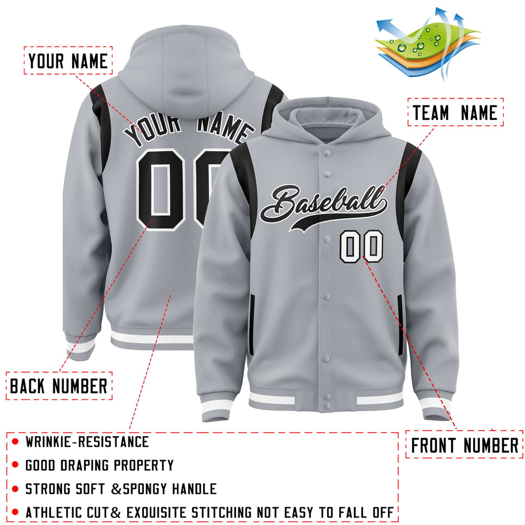 Custom Silver Black Varsity Full-Snap Letterman Shoulder Color Block Jacket Hoodie| KXKSHOP