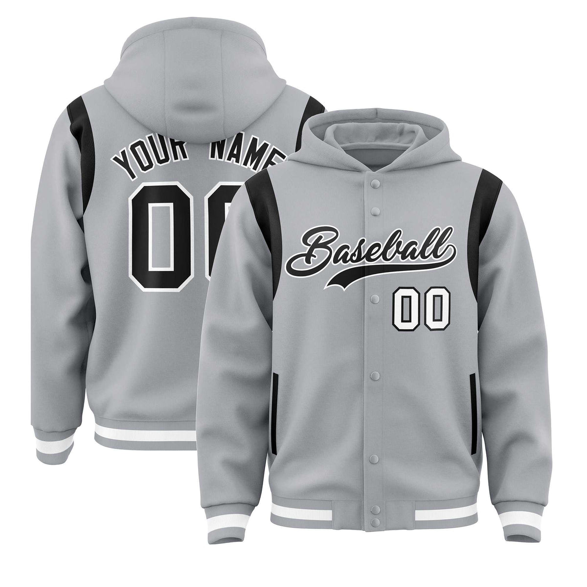 Custom Silver Black Varsity Full-Snap Letterman Shoulder Color Block Jacket Hoodie| KXKSHOP