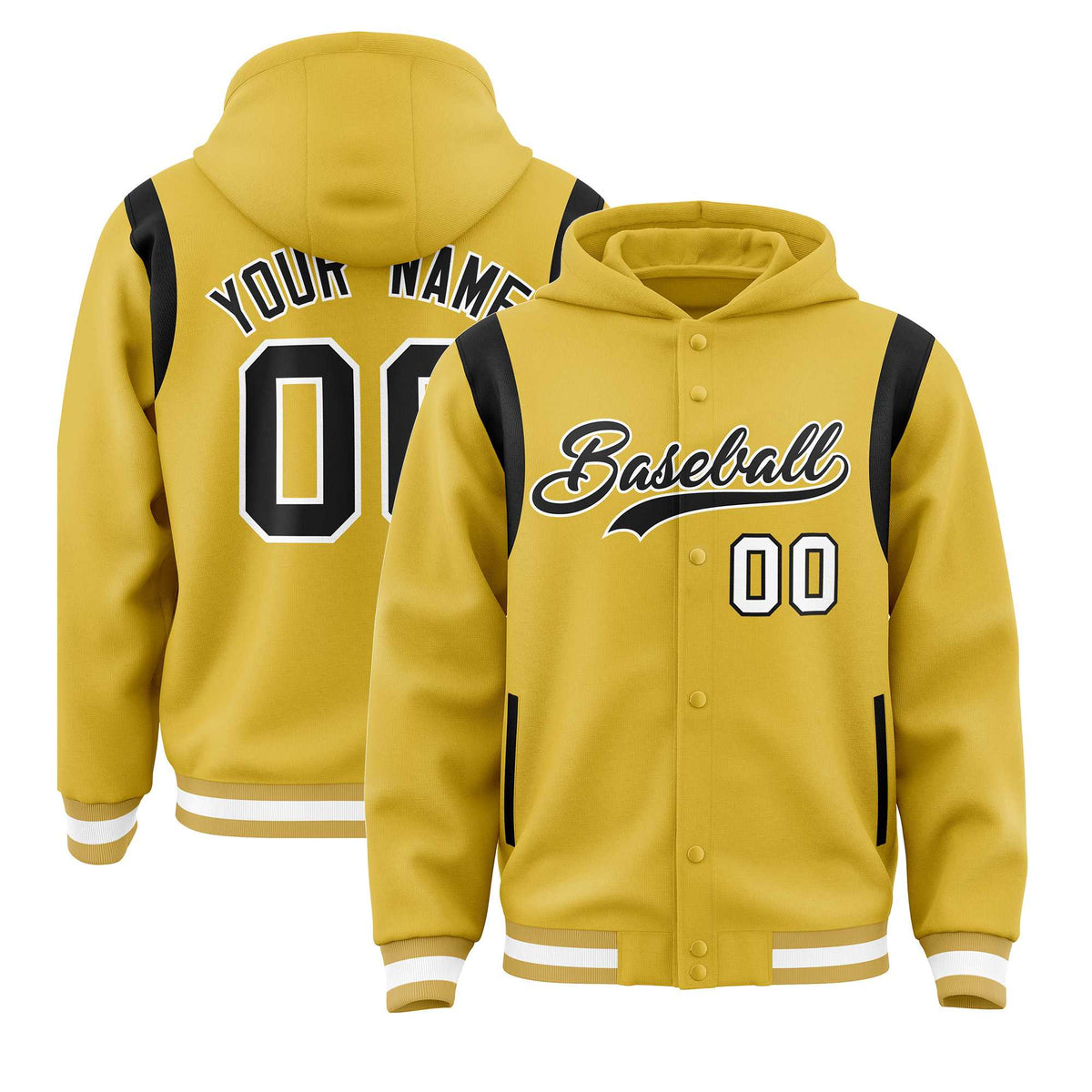 Custom Old Gold Black Varsity Full-Snap Letterman Shoulder Color Block Jacket Hoodie| KXKSHOP