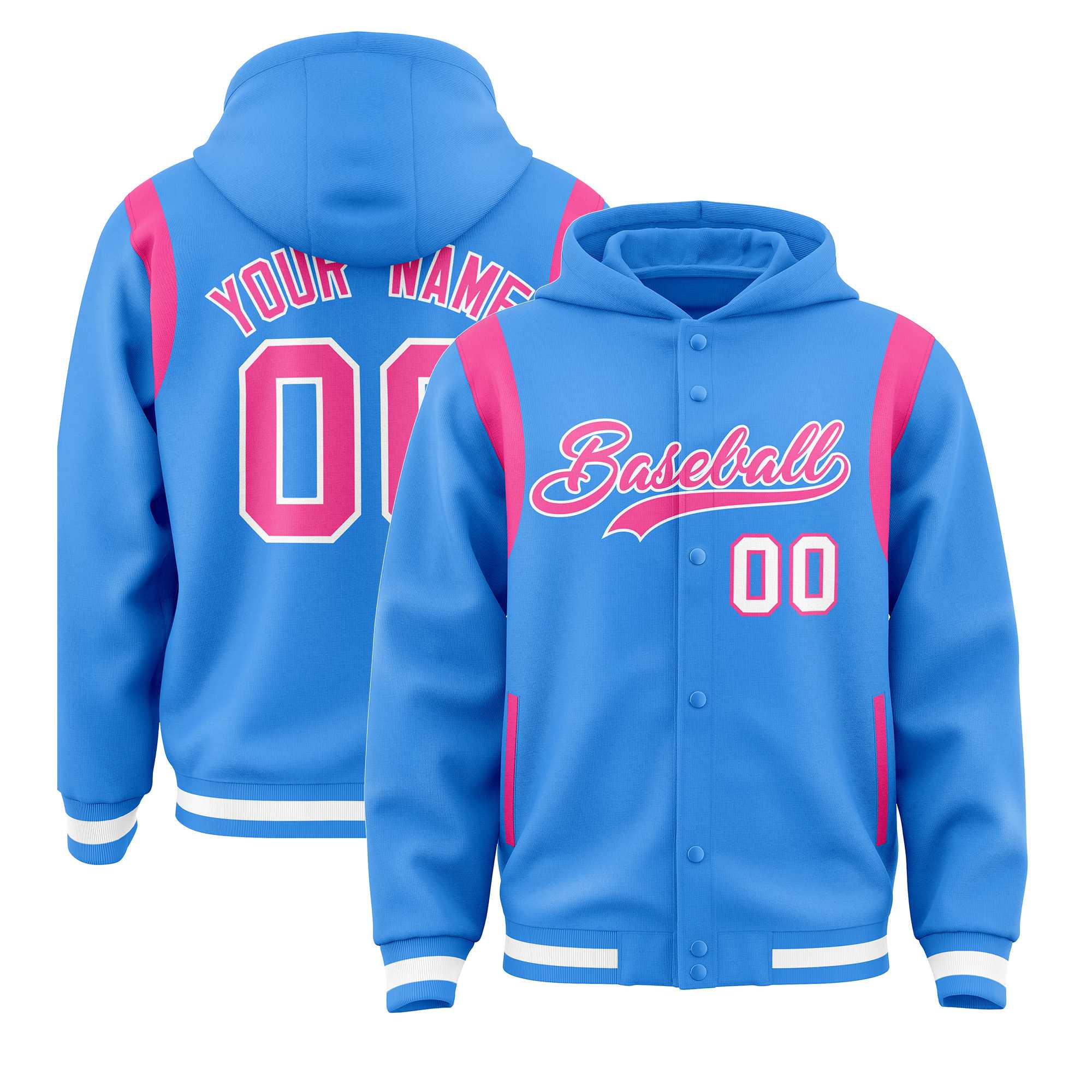 Custom Powder Blue Pink Varsity Full-Snap Letterman Shoulder Color Block Jacket Hoodie| KXKSHOP
