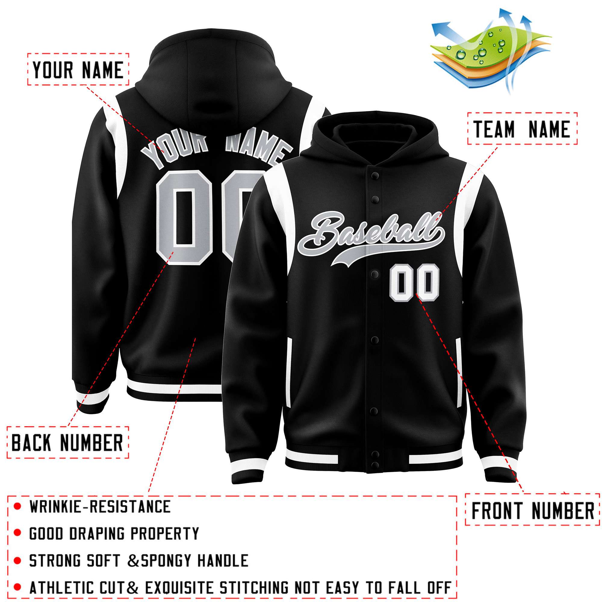 Custom Black Silver Varsity Full-Snap Letterman Shoulder Color Block Jacket Hoodie| KXKSHOP